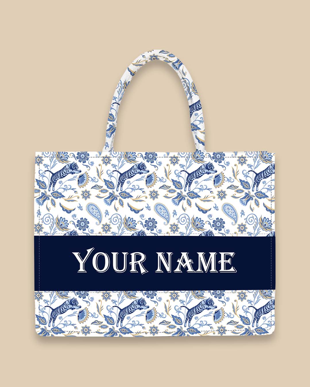 Customized Tote Bag Designed with blue Nordic tigers and abstract Asian flowers