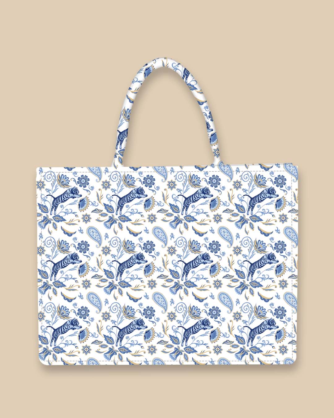 Customized Tote Bag Designed with blue Nordic tigers and abstract Asian flowers