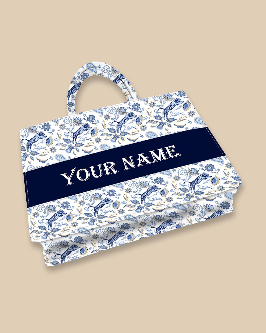 Customized Tote Bag Designed with blue Nordic tigers and abstract Asian flowers