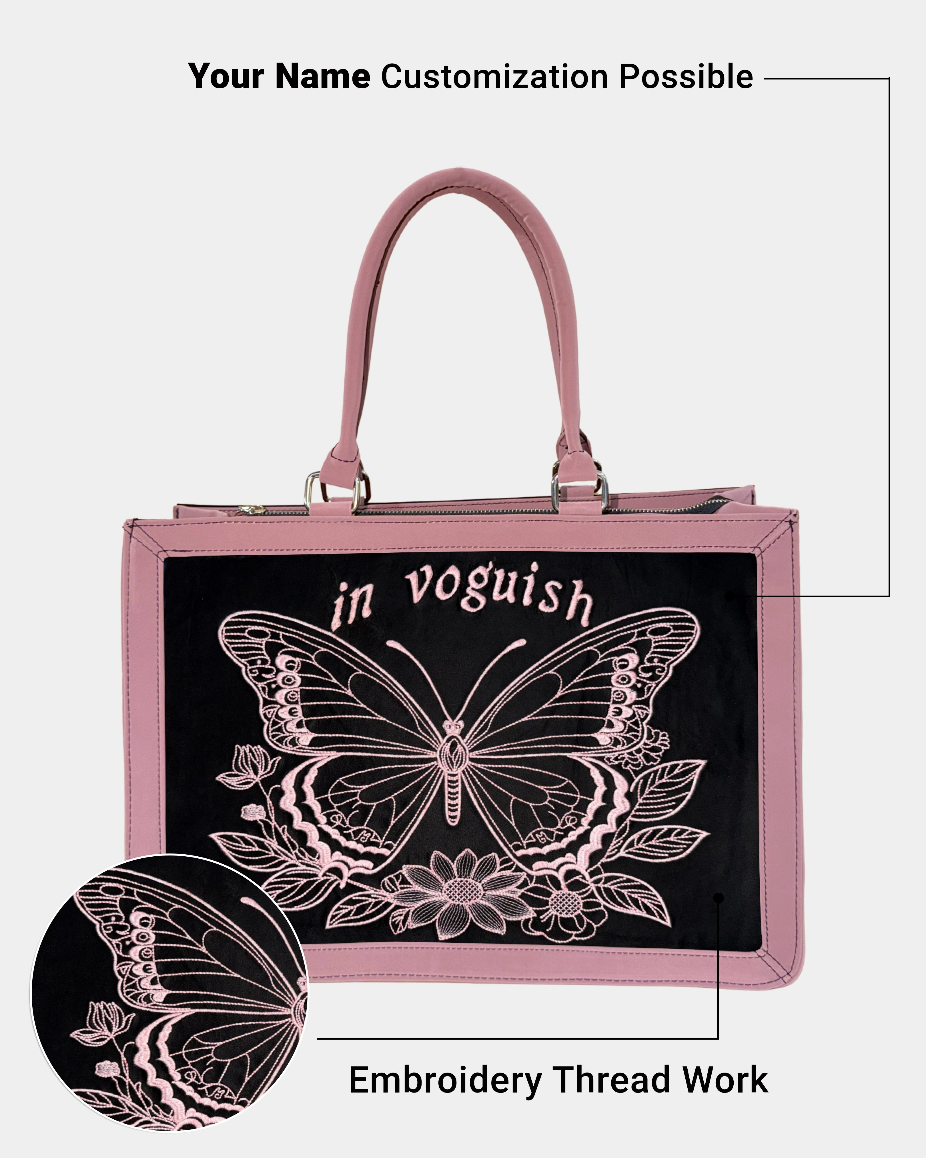 Luxury Pink & Black Butterfly Blush Customized Embroidered Tote Bag