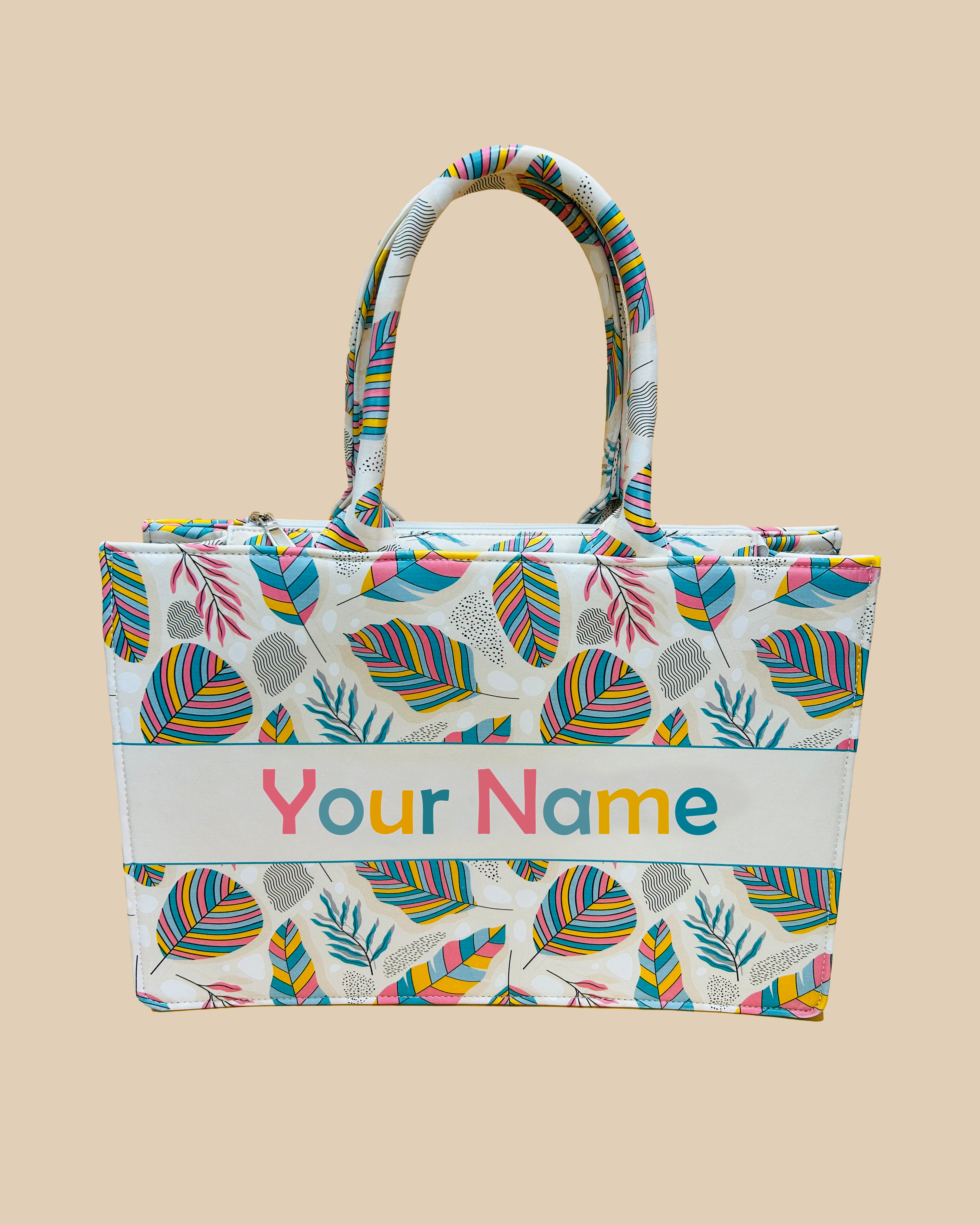 Customized Tote Bag Designed With Sand ,Stones And Colorful Leaves