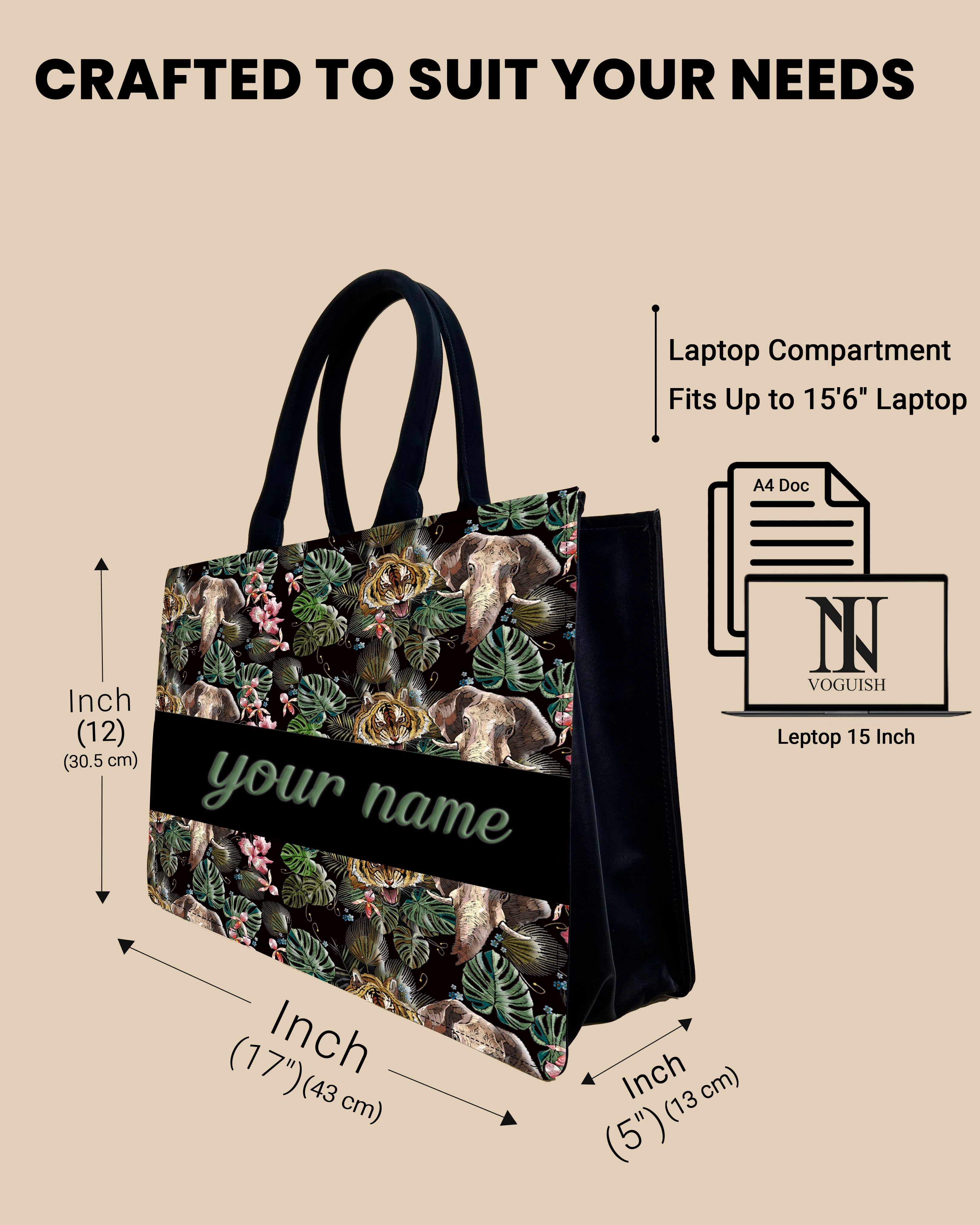 Customized Tote Bag Designed with Palm Leaves, Tiger And Elephant