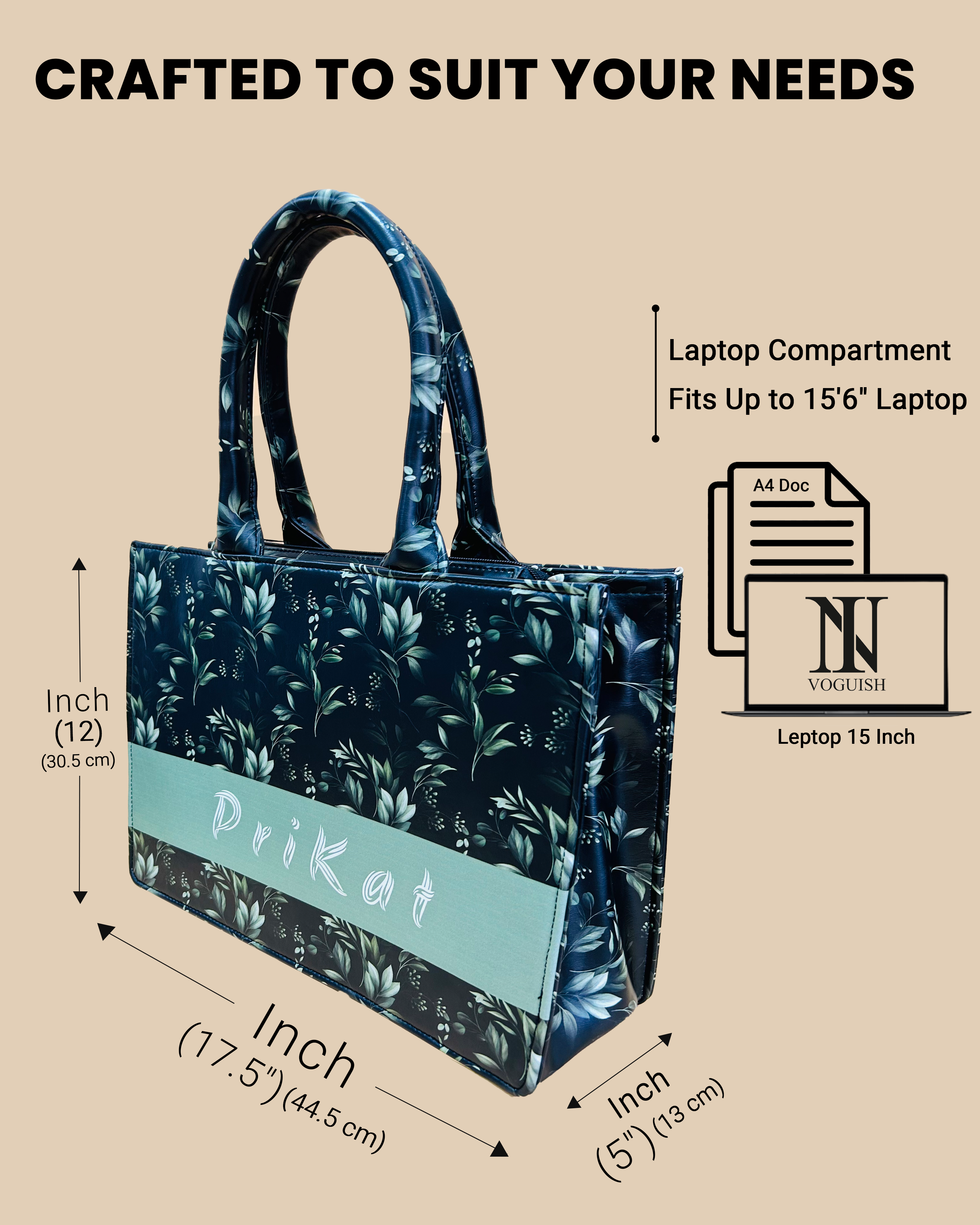 Customized Tote Bag Designed with Black Boho Leaf