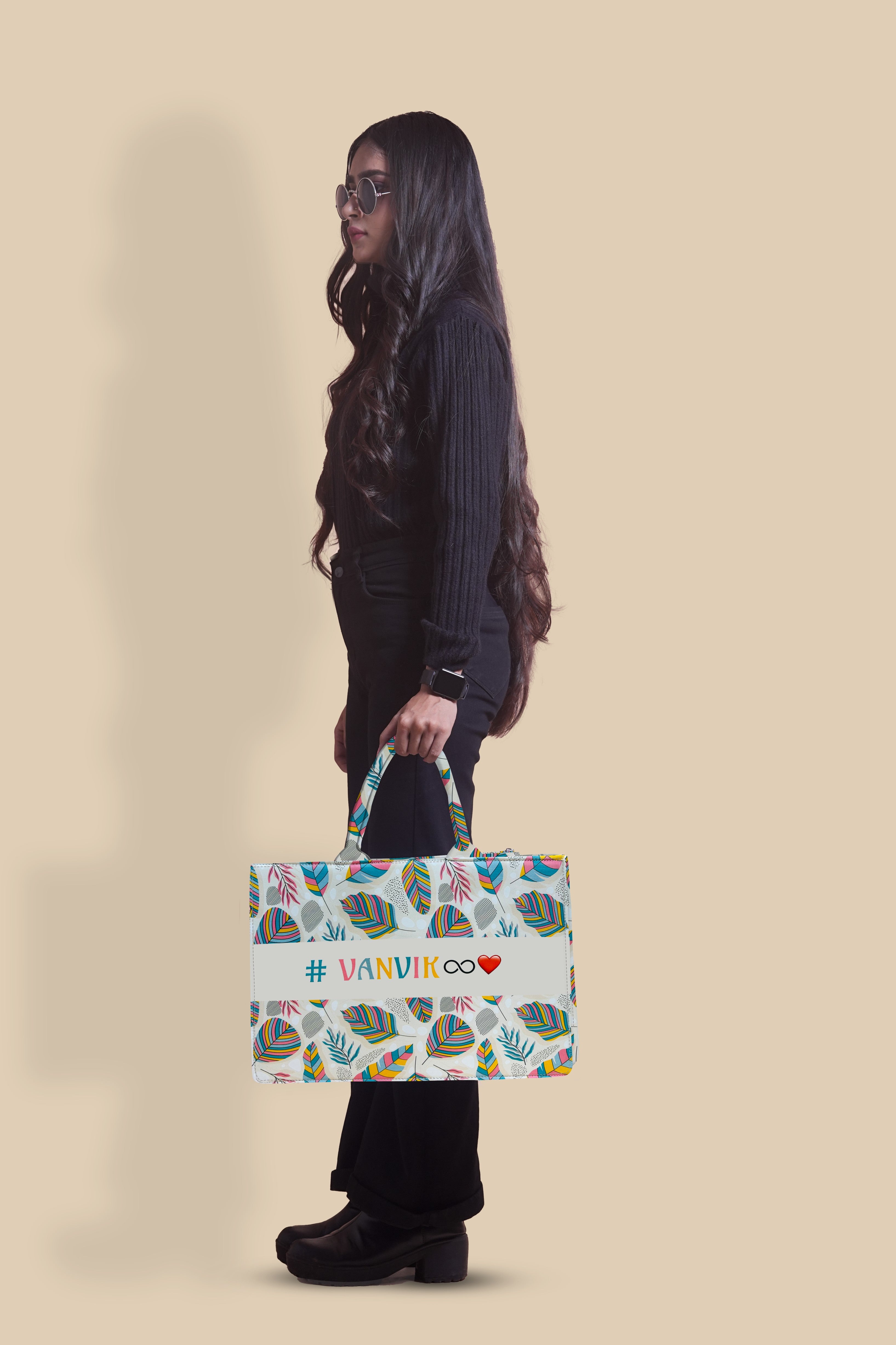 Customized Tote Bag Designed With Sand ,Stones And Colorful Leaves