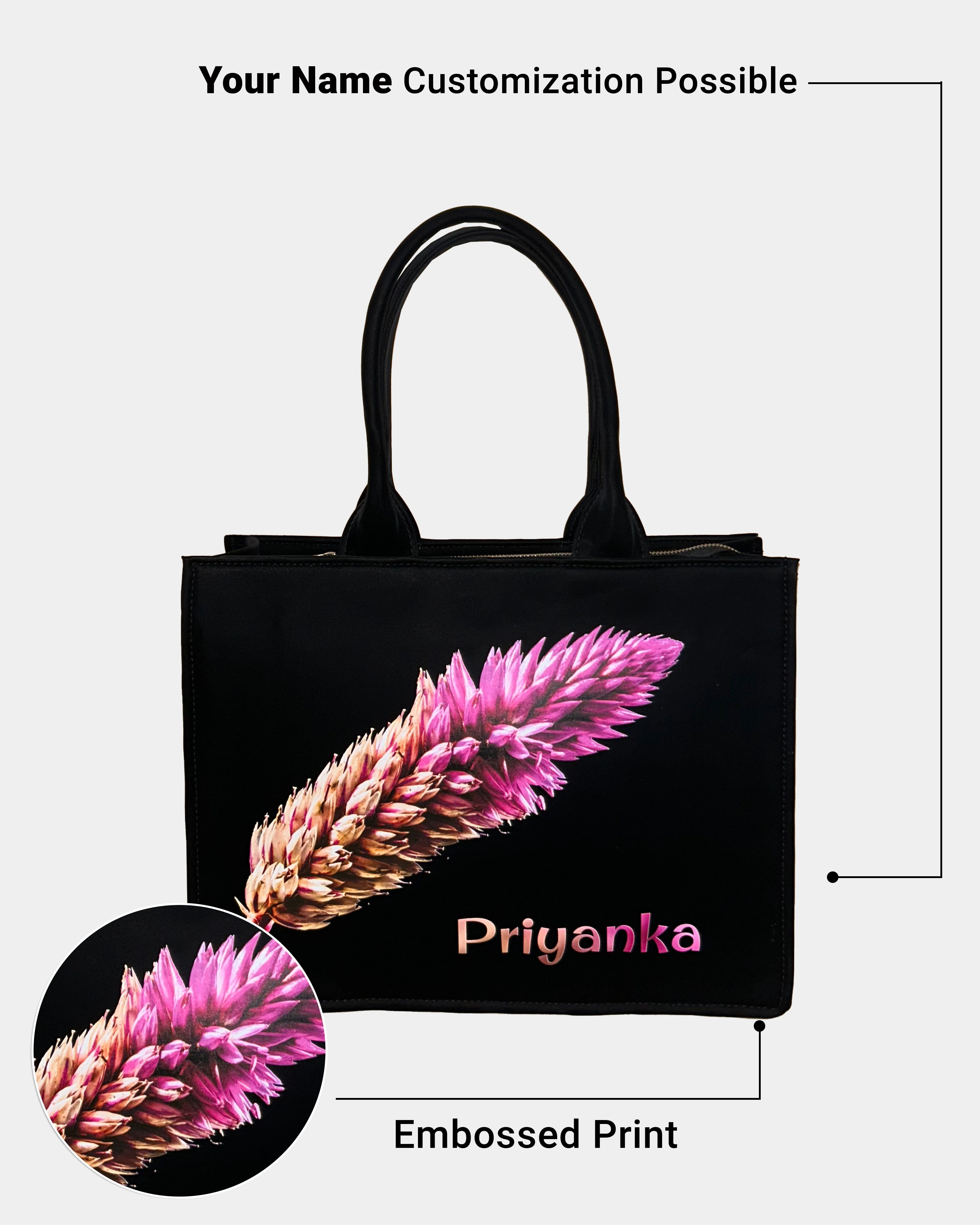 Beautiful Flower Design Up Embossed On Glossy Leather Personalized Tote Bag