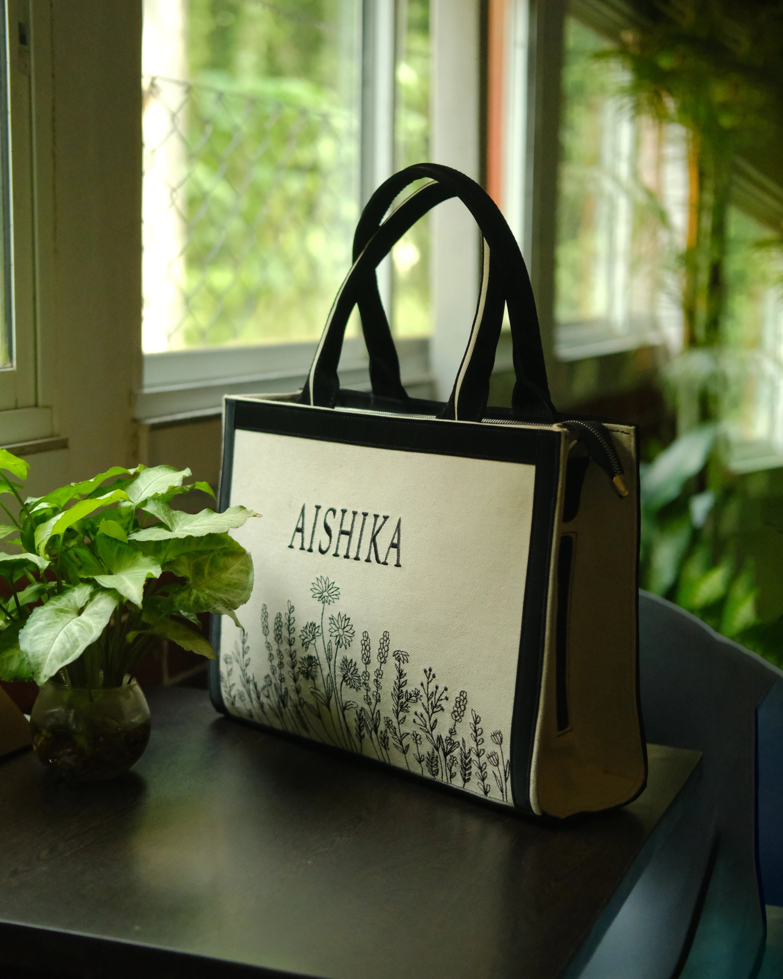 Customized Canvas Denim Embroidered Floral art Designer Tote Bag