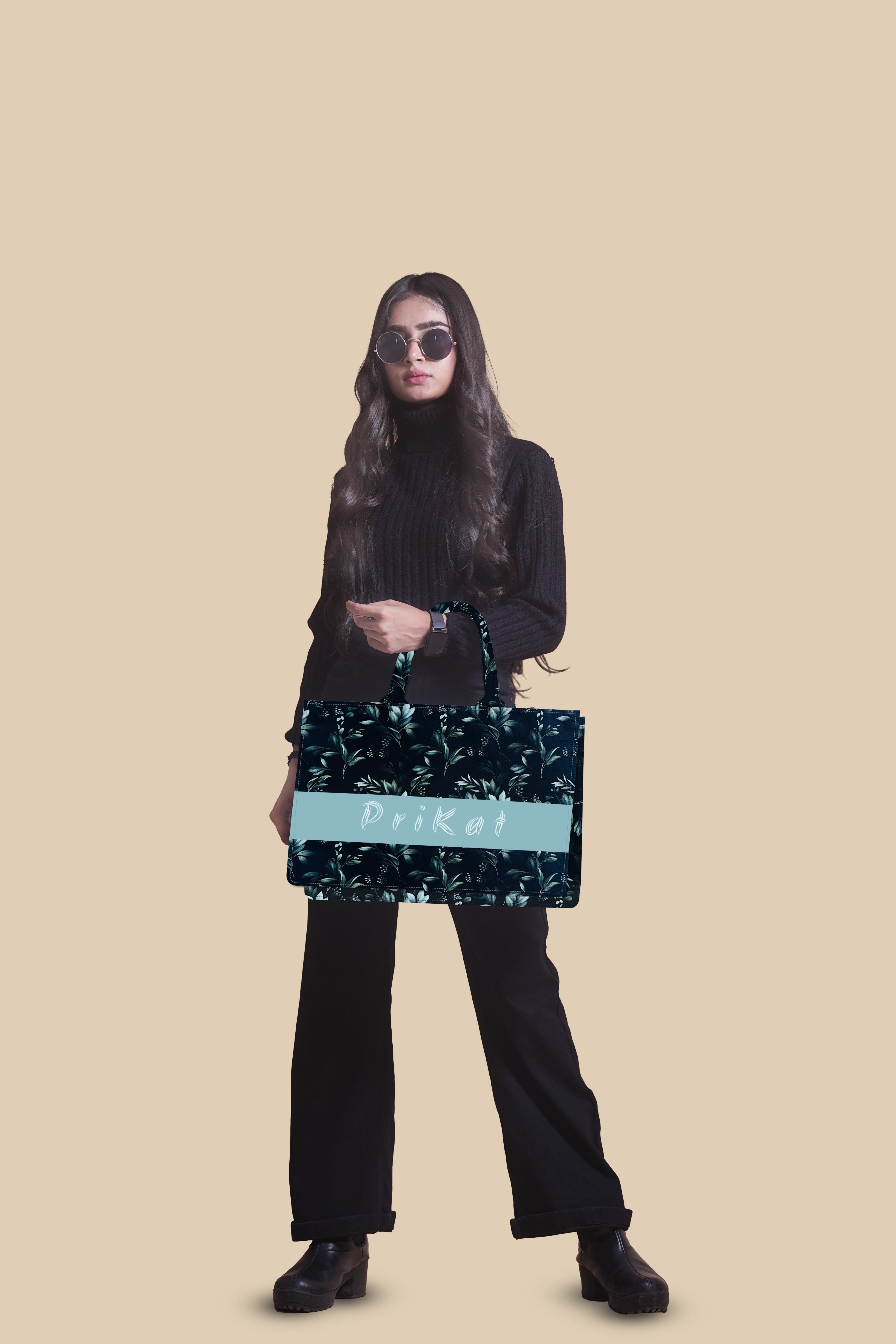 Customized Tote Bag Designed with Black Boho Leaf