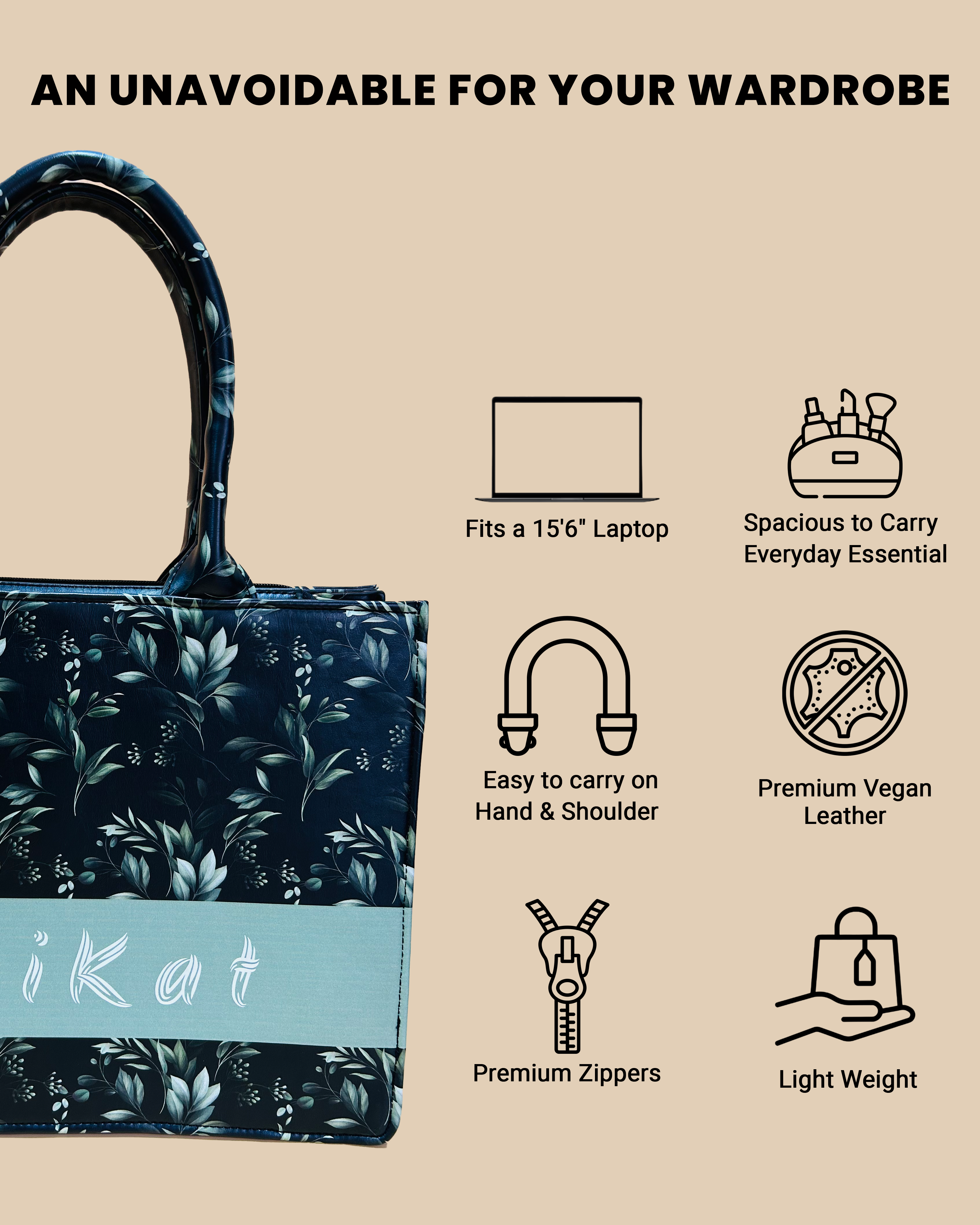 Customized Tote Bag Designed with Black Boho Leaf