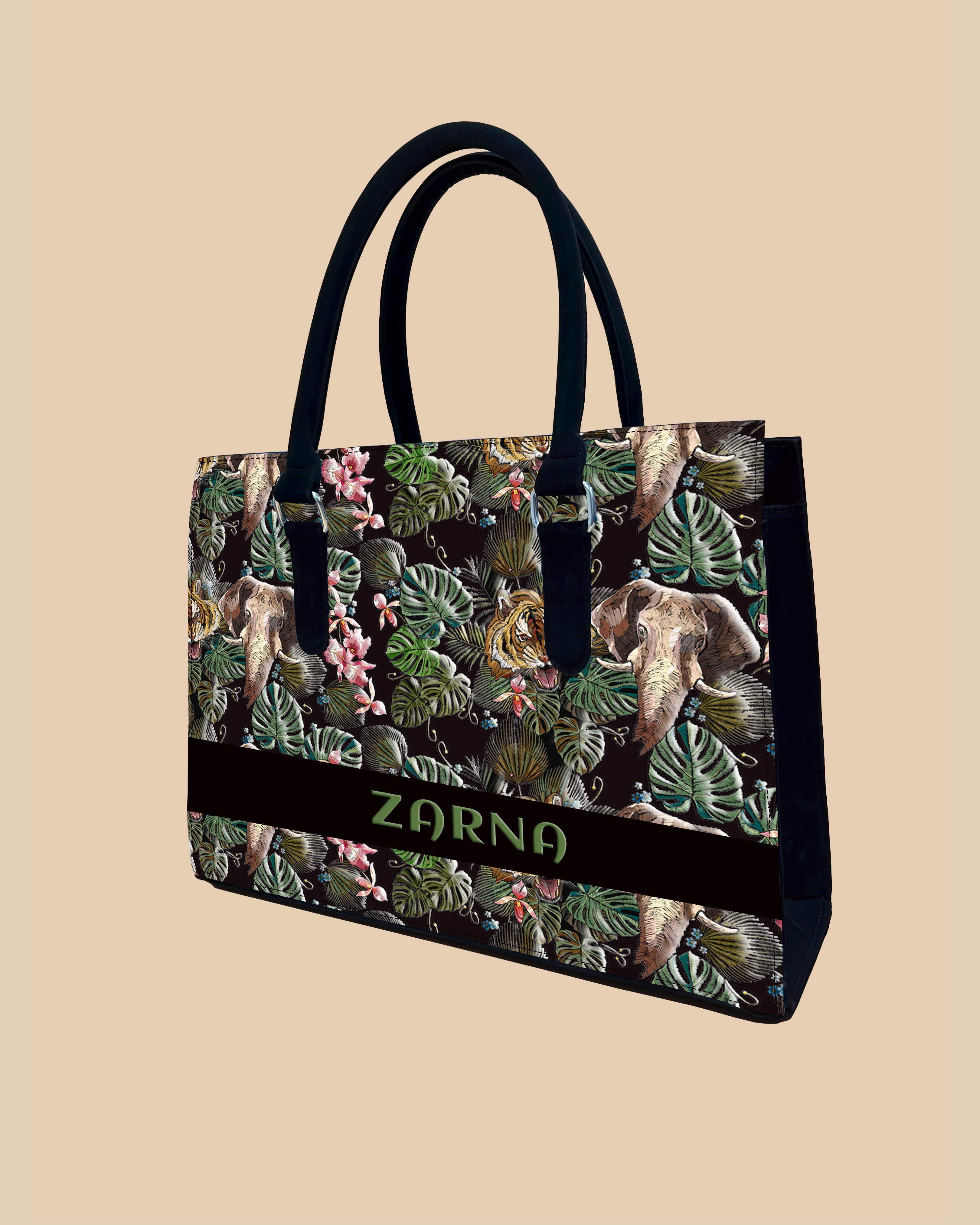 Palm Leaves, Tiger And Elephant Designer Sling Tote