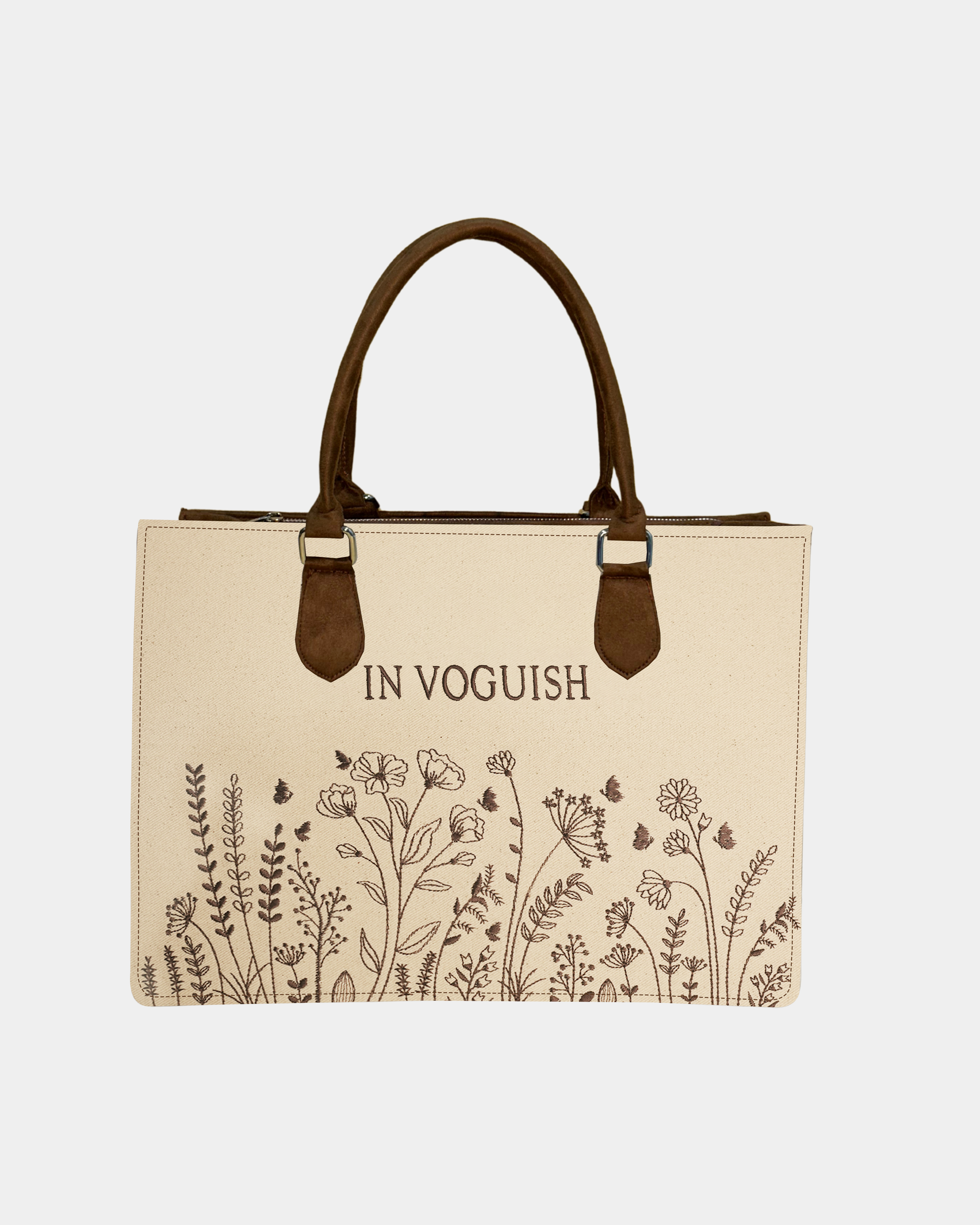 Customized Wild Meadow Embroidered Tote Bag – Brown Suede Edition