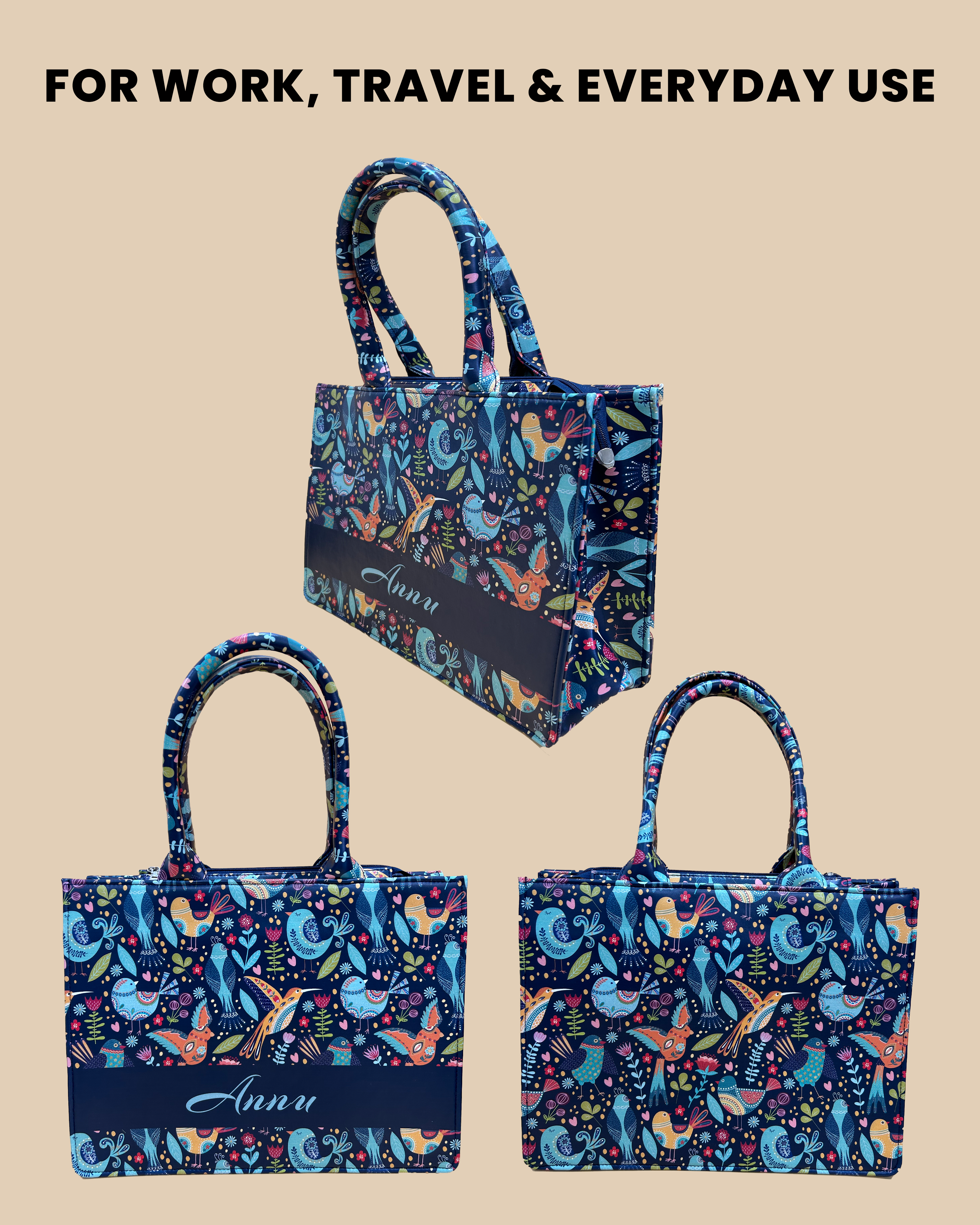 Customized Tote Bag Designed with Sparrow, Parrot And Fishes