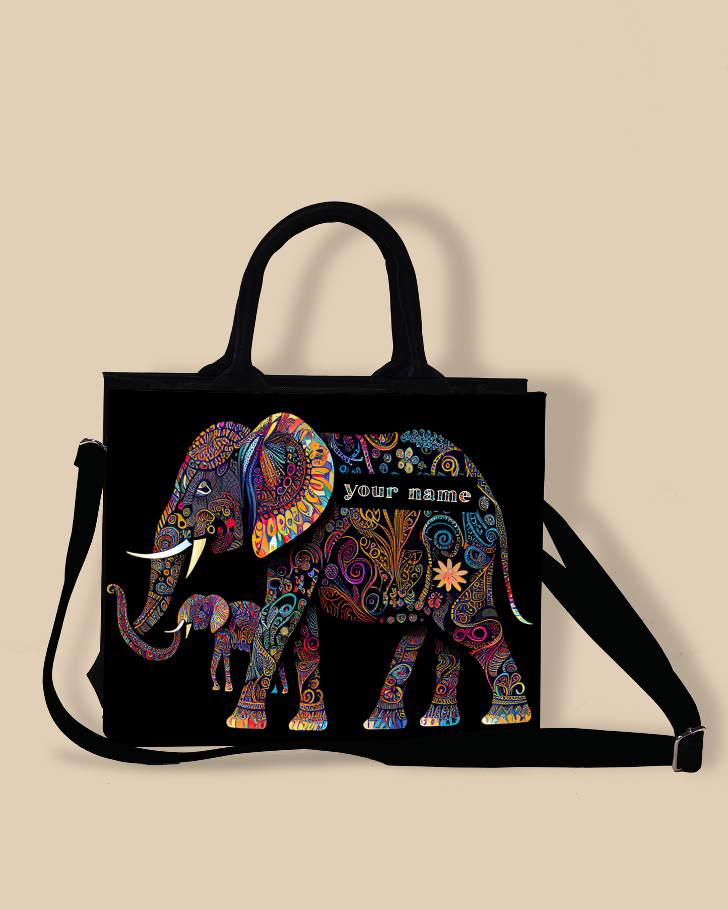 Personalized Small Tote Bag Designed with Baby And Mother Elephant Pattern