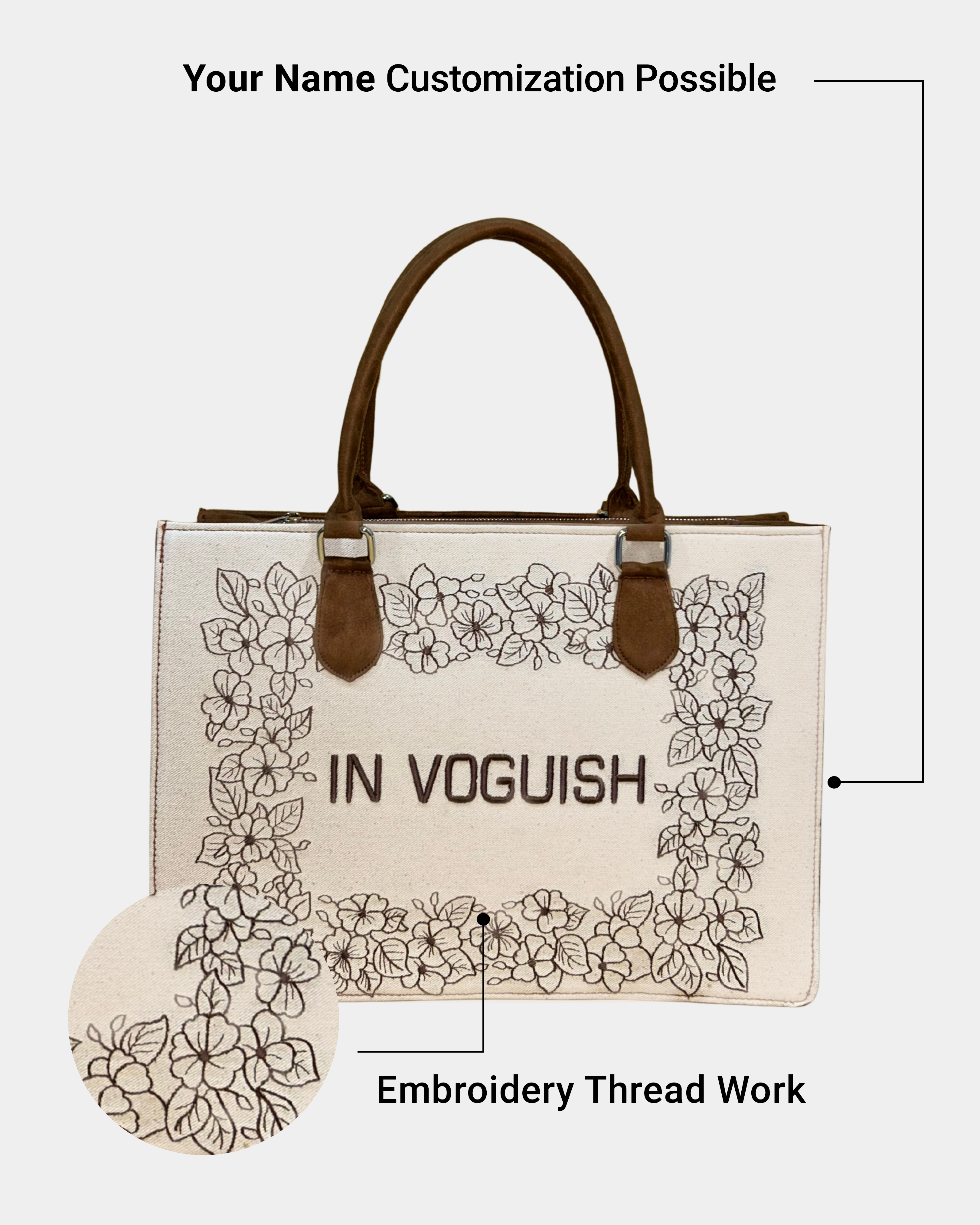 Customized Bloom Frame Embroidered Tote Bag – Brown Suede Edition