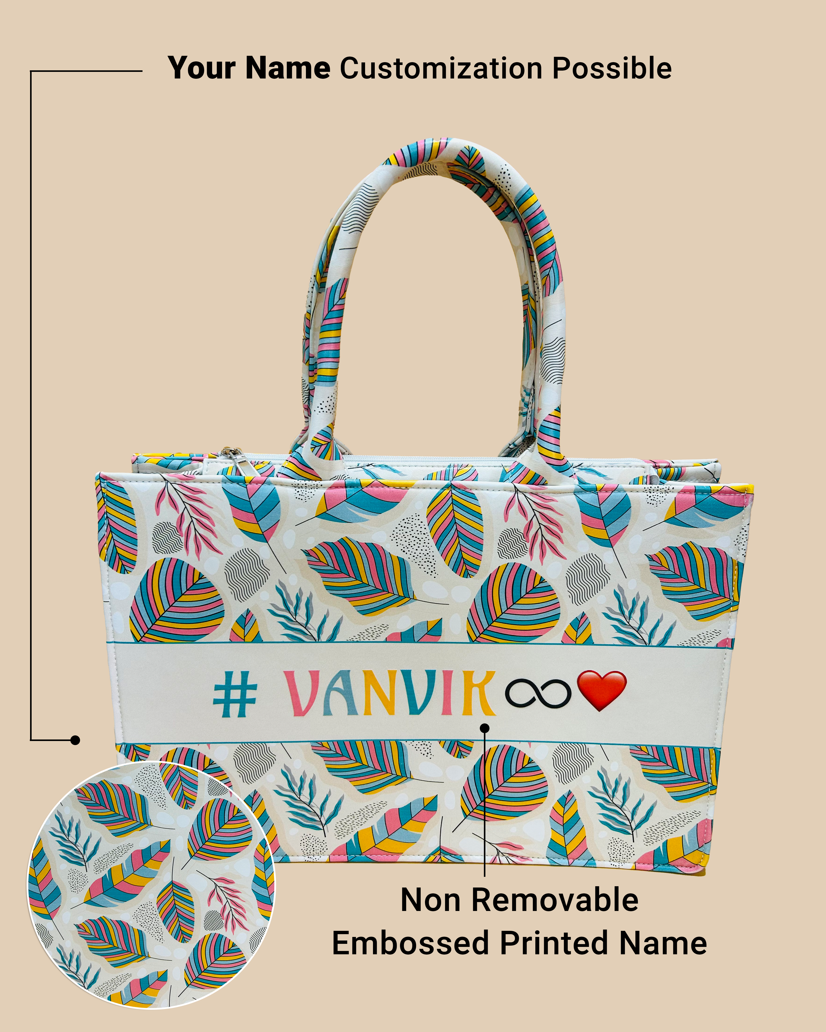 Customized Tote Bag Designed With Sand ,Stones And Colorful Leaves