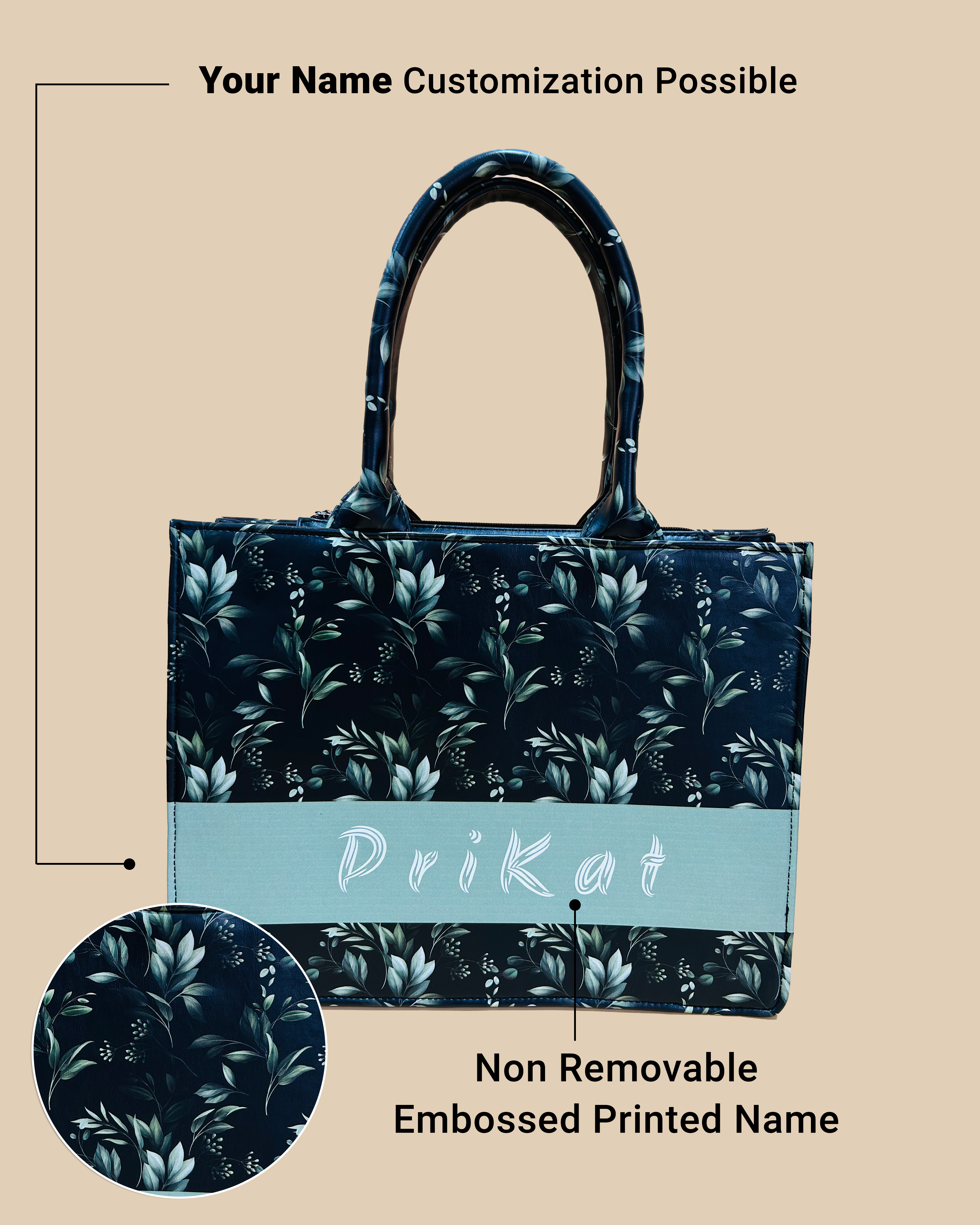 Customized Tote Bag Designed with Black Boho Leaf