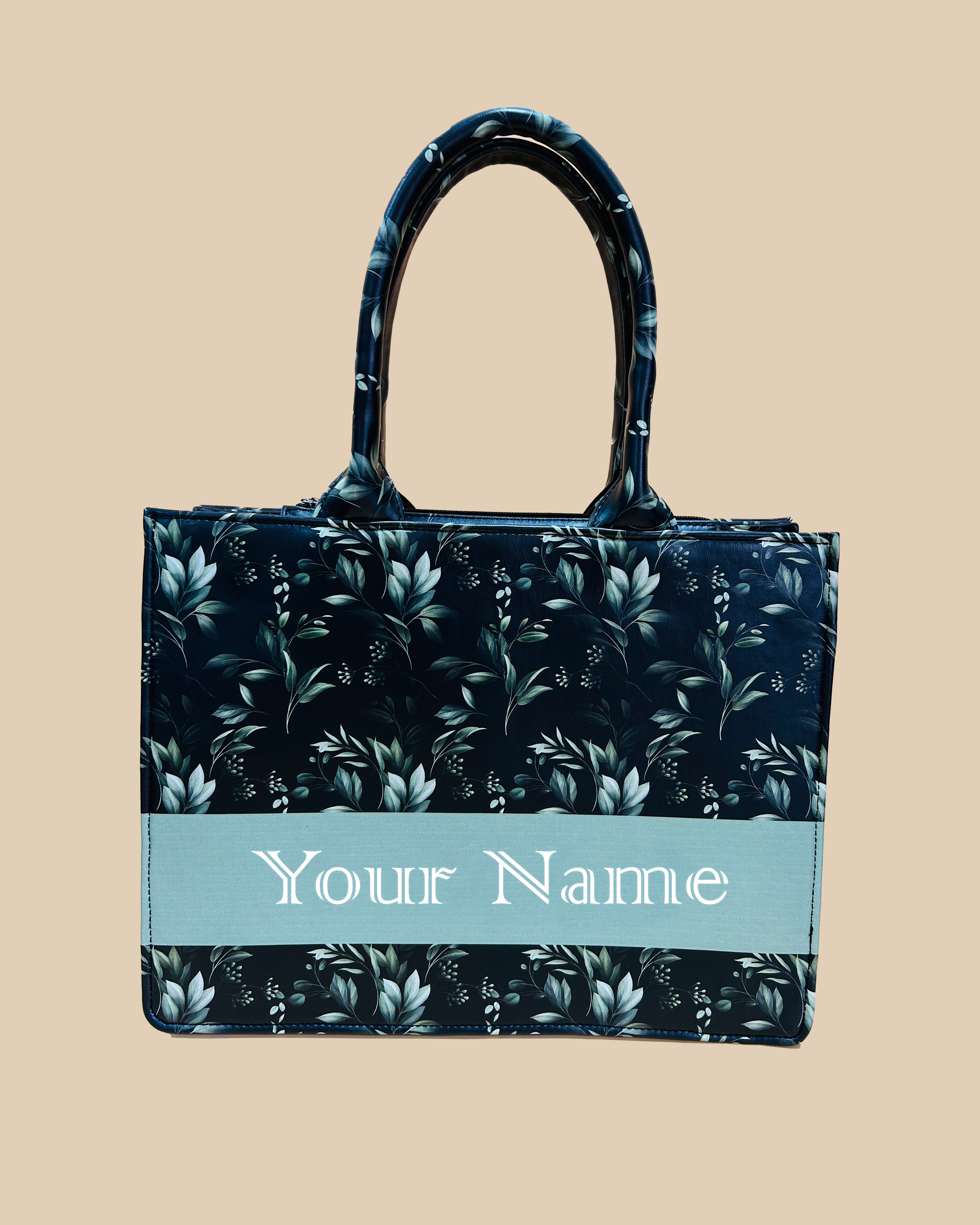 Customized Tote Bag Designed with Black Boho Leaf