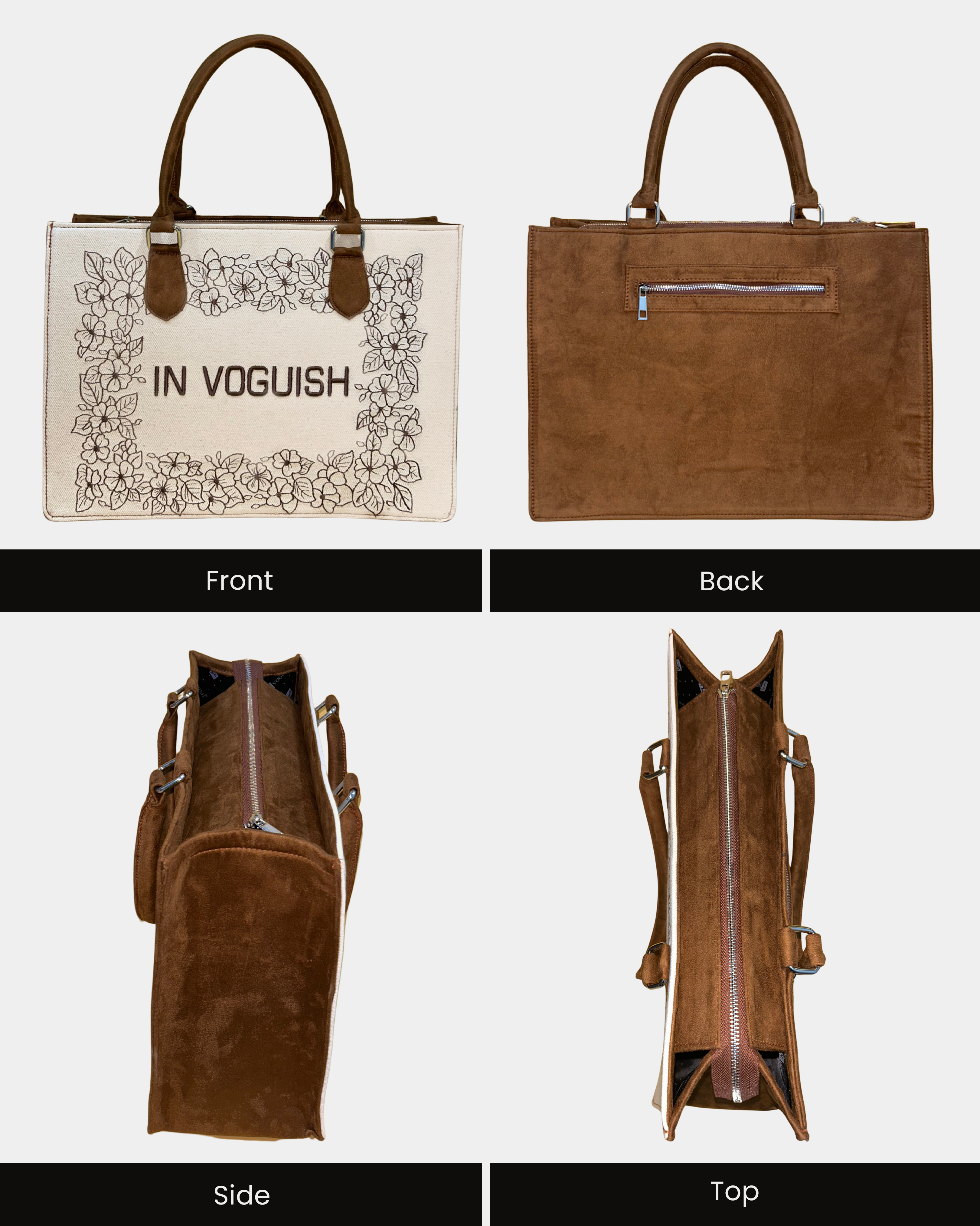 Customized Bloom Frame Embroidered Tote Bag โ Brown Suede Edition