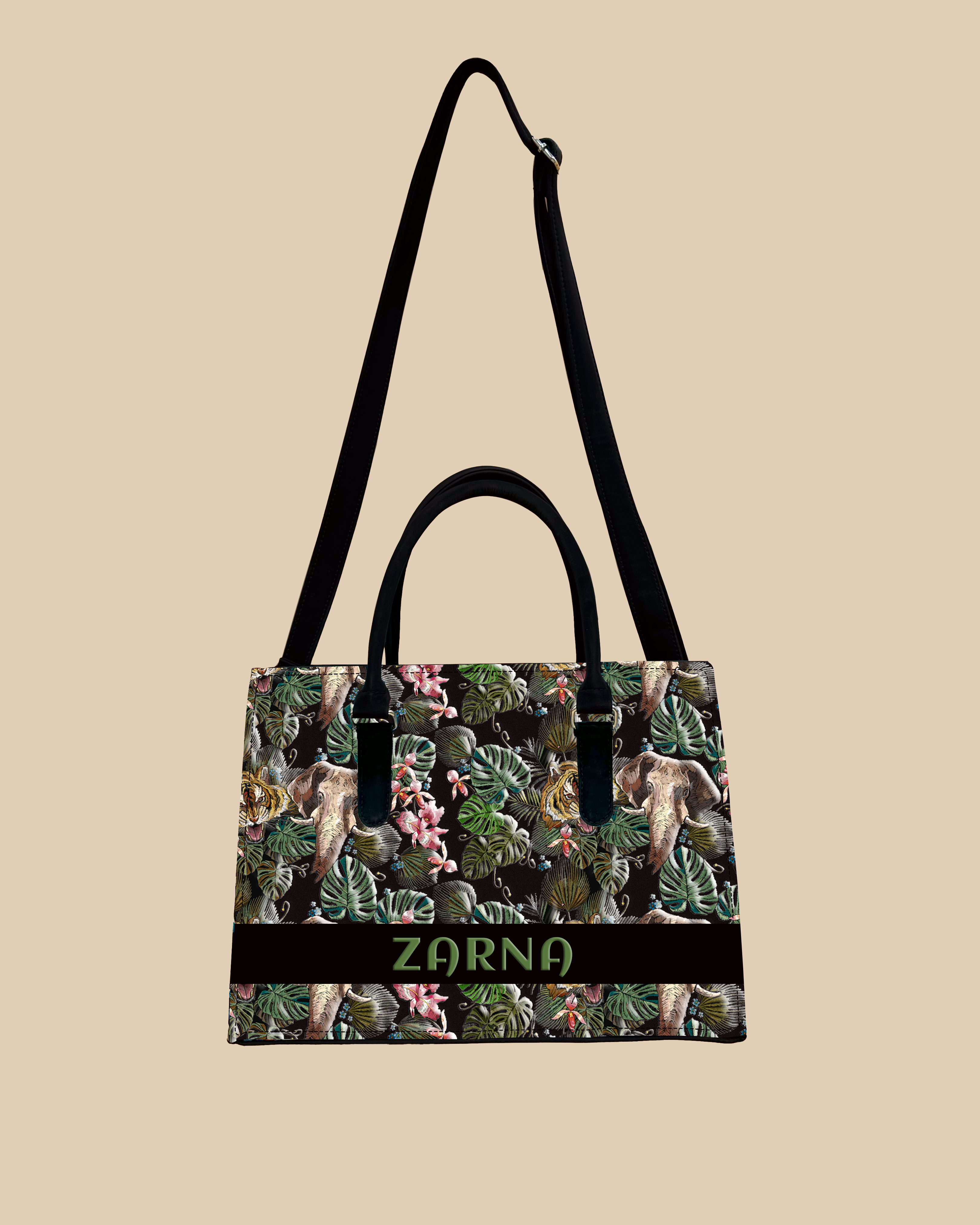 Palm Leaves, Tiger And Elephant Designer Sling Tote