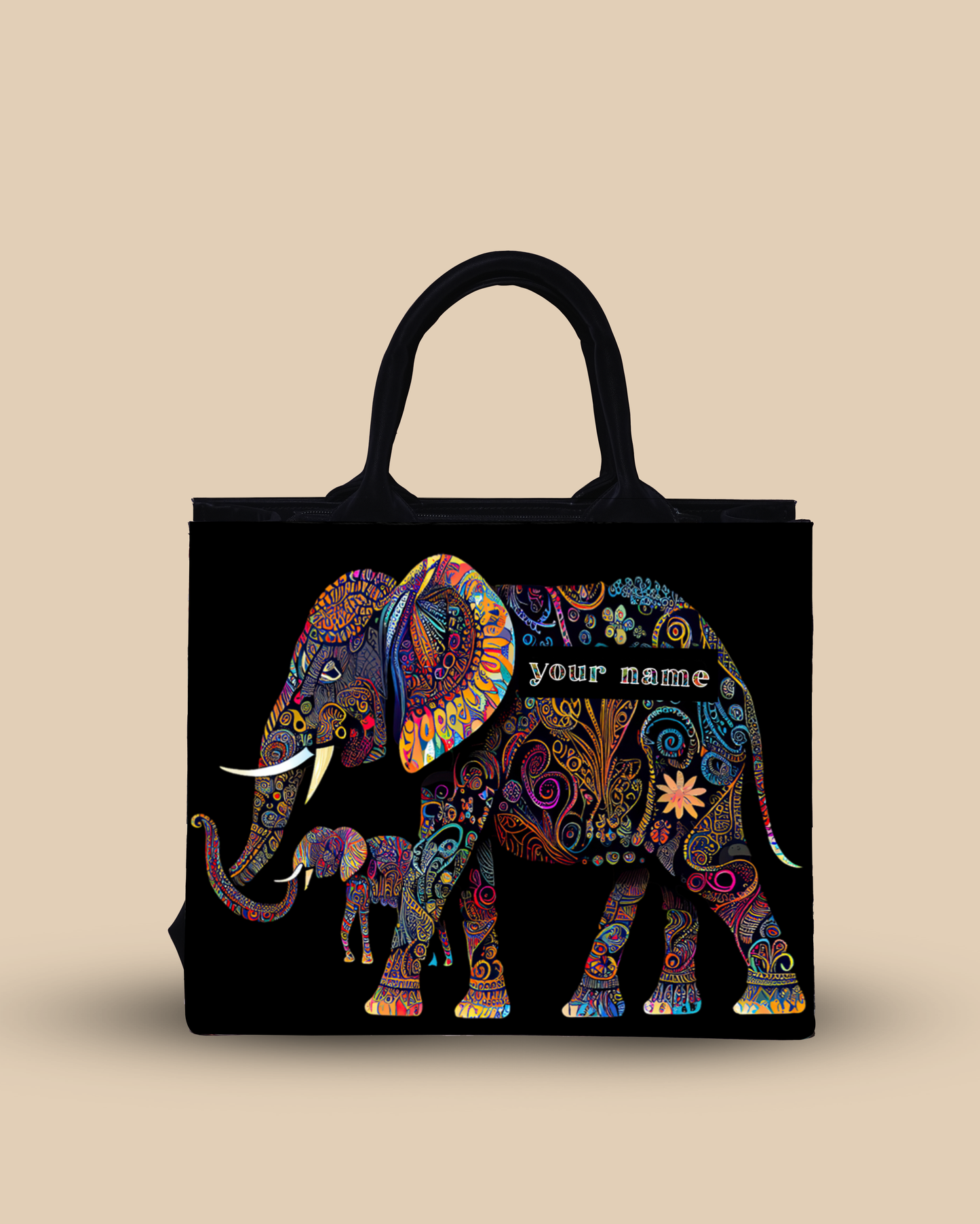 Personalized Small Tote Bag Designed with Baby And Mother Elephant Pattern