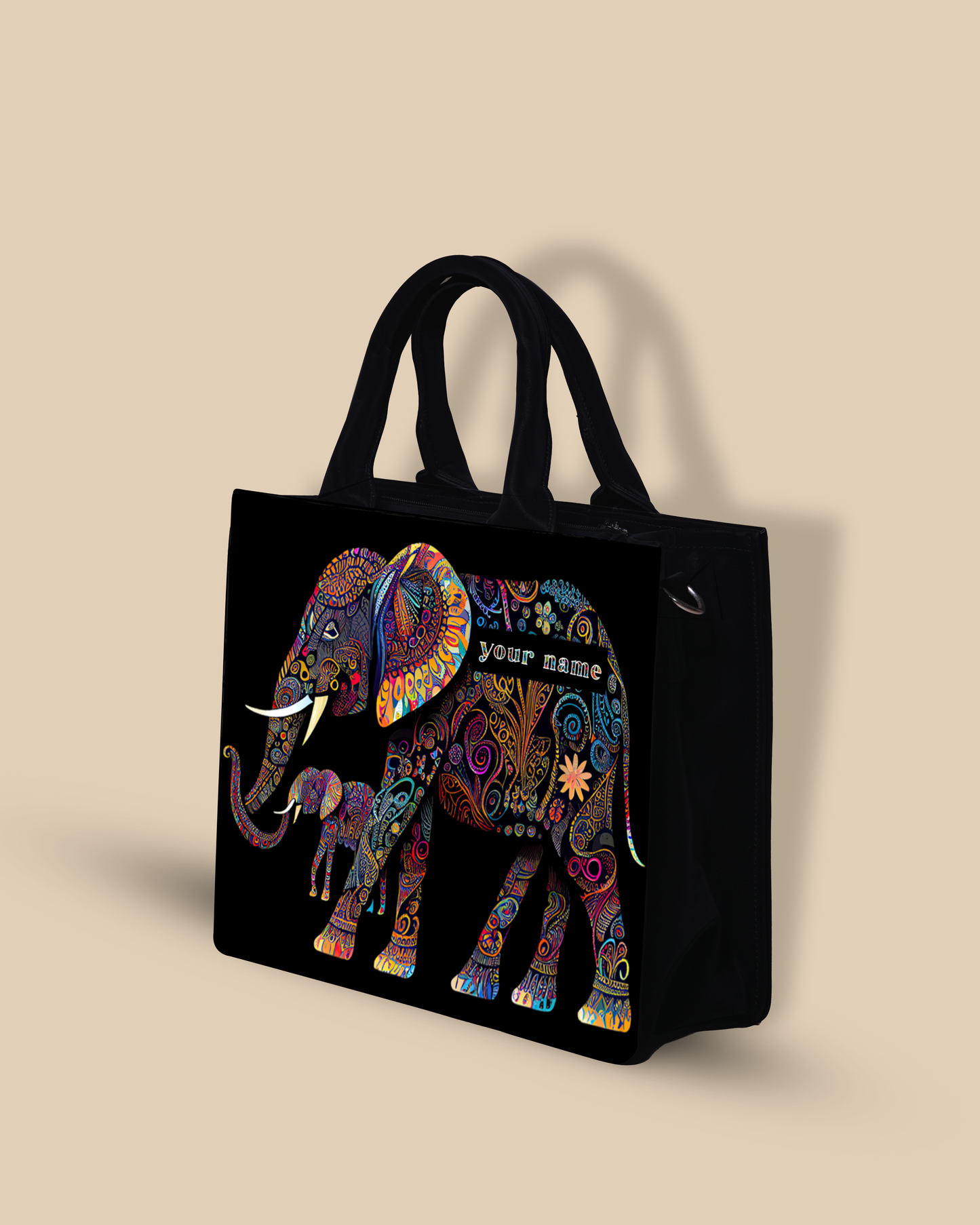 Personalized Small Tote Bag Designed with Baby And Mother Elephant Pattern
