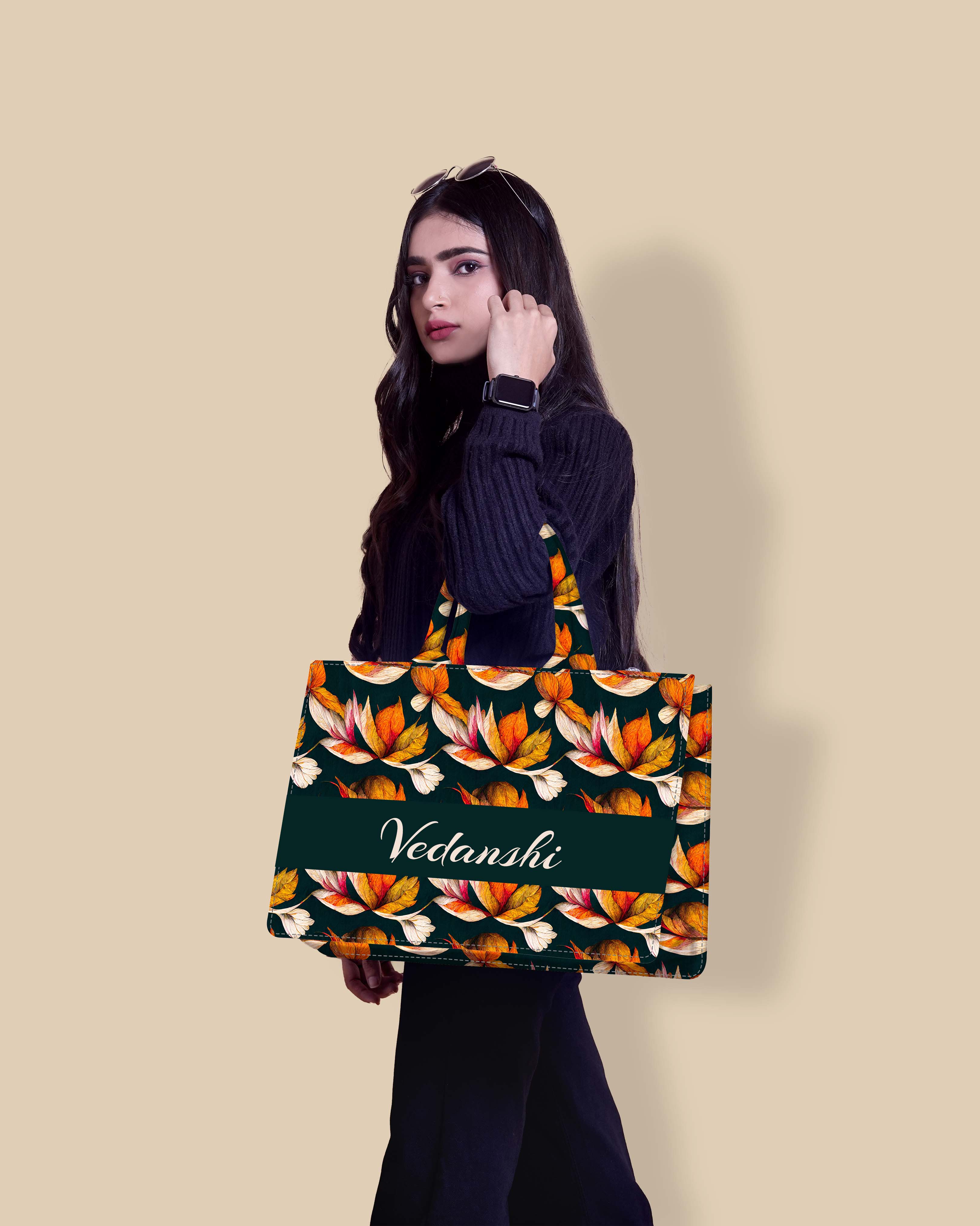 Customized Tote Bag Designed With Autumn Leaves Decorative Pattern