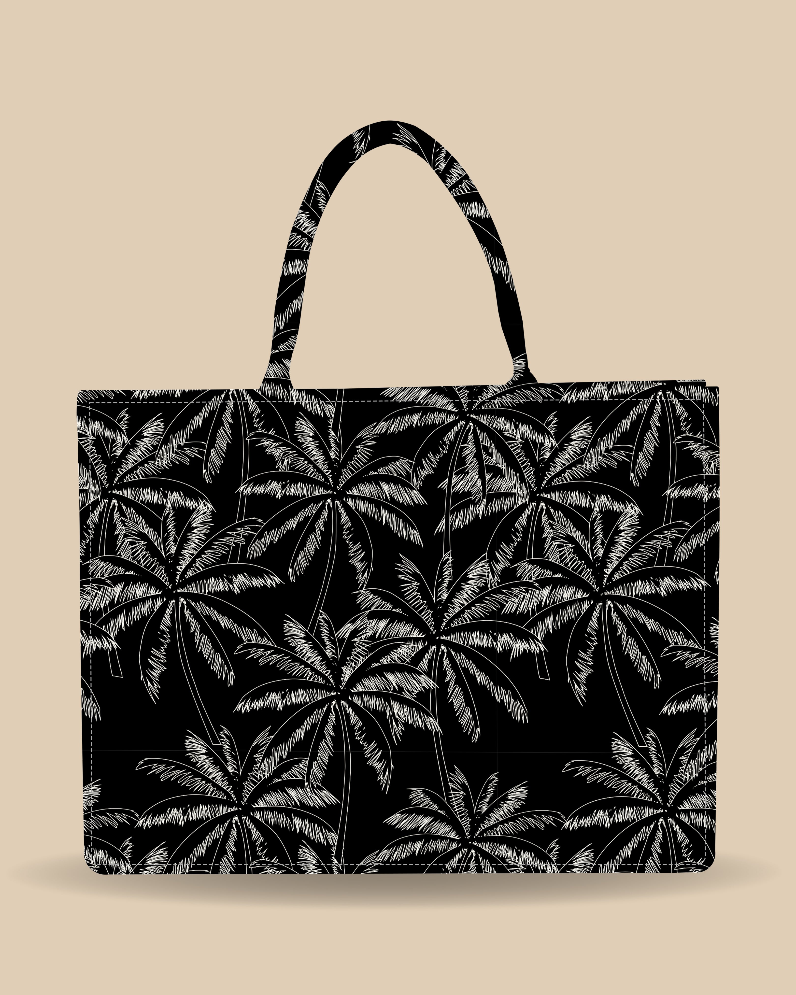 Customized Tote Bag Designed With Hand Drawn White Outline Palm Trees Pattern