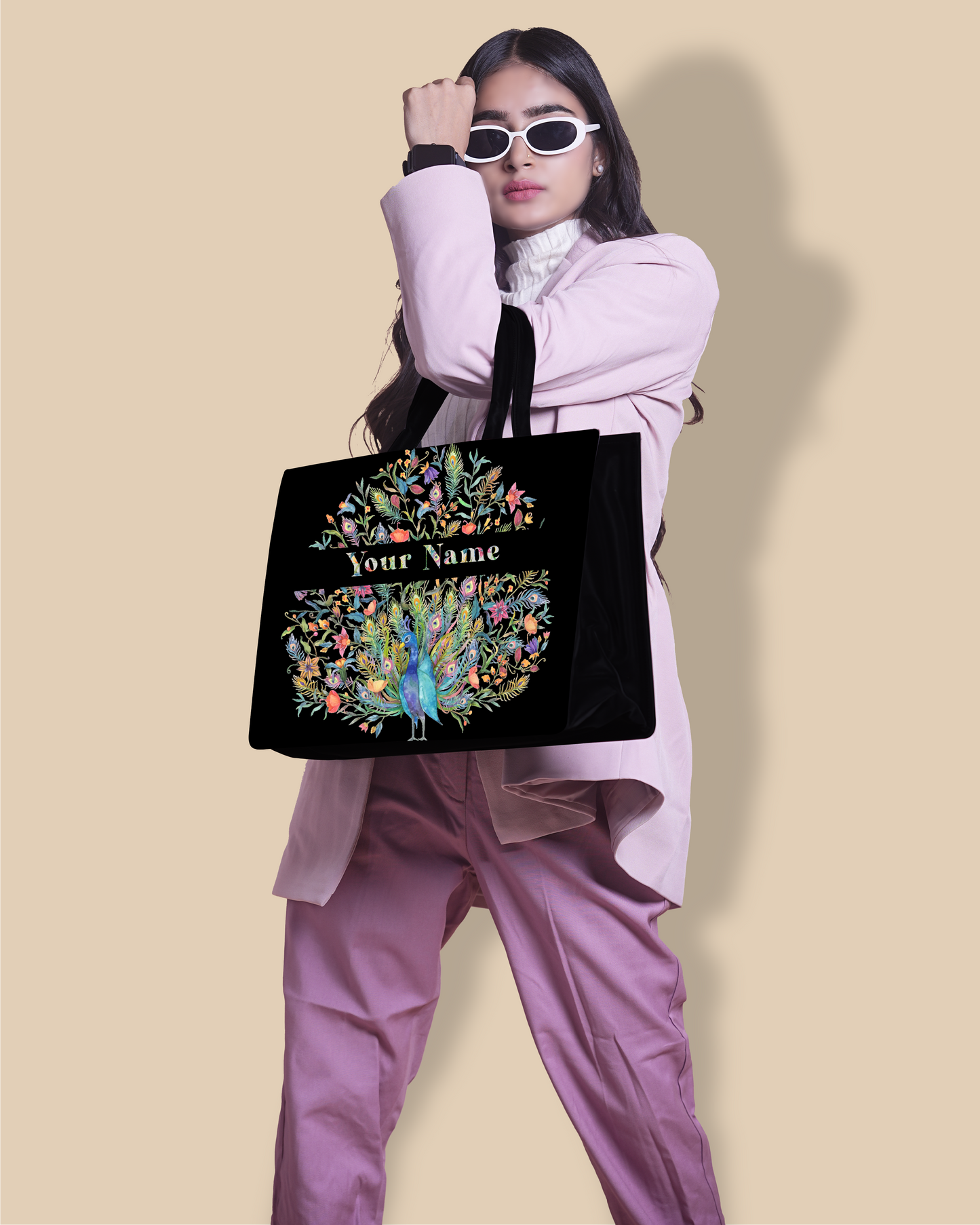 Up Embossed Peacock Design on Leather Personalized Tote Bag