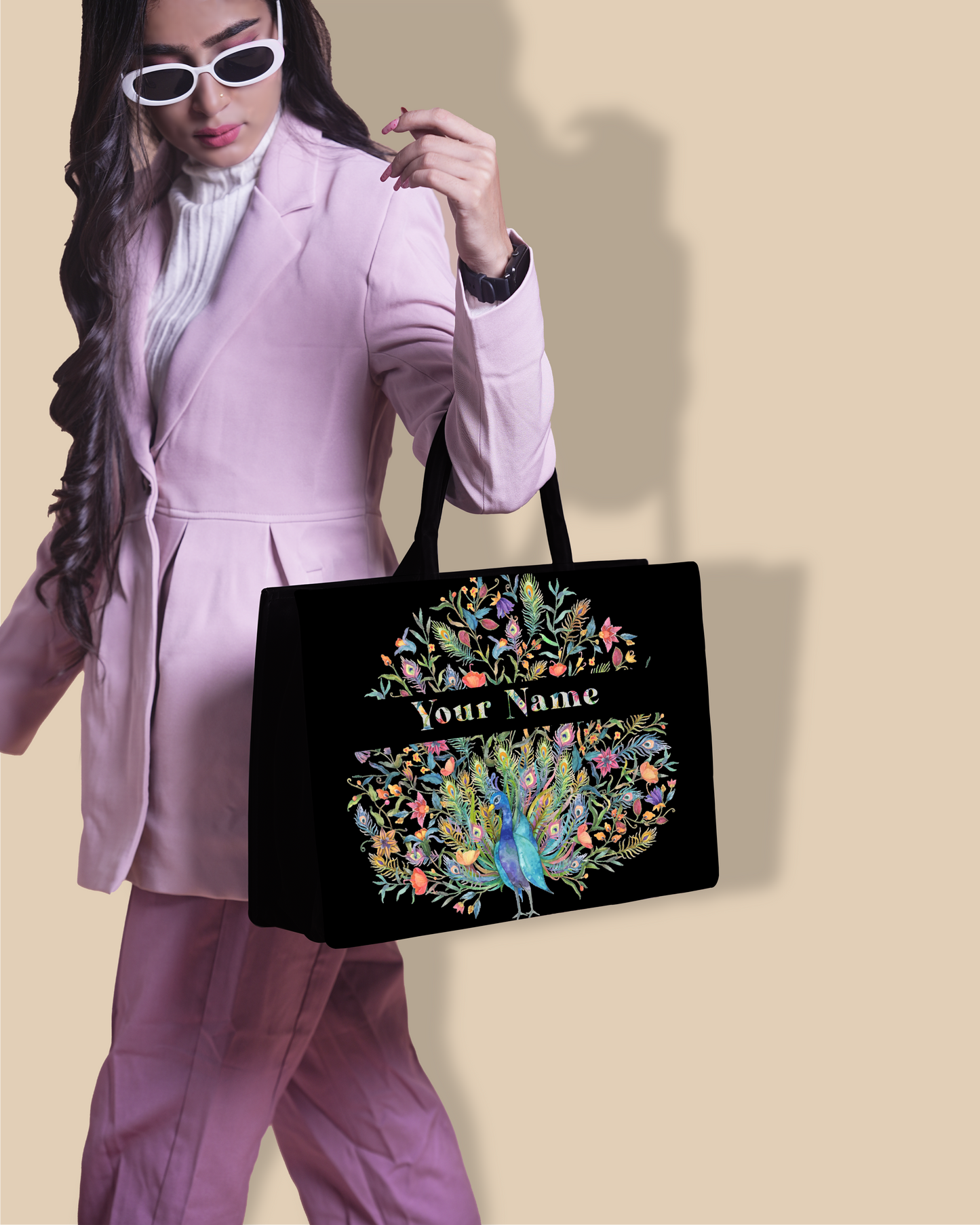 Up Embossed Peacock Design on Leather Personalized Tote Bag