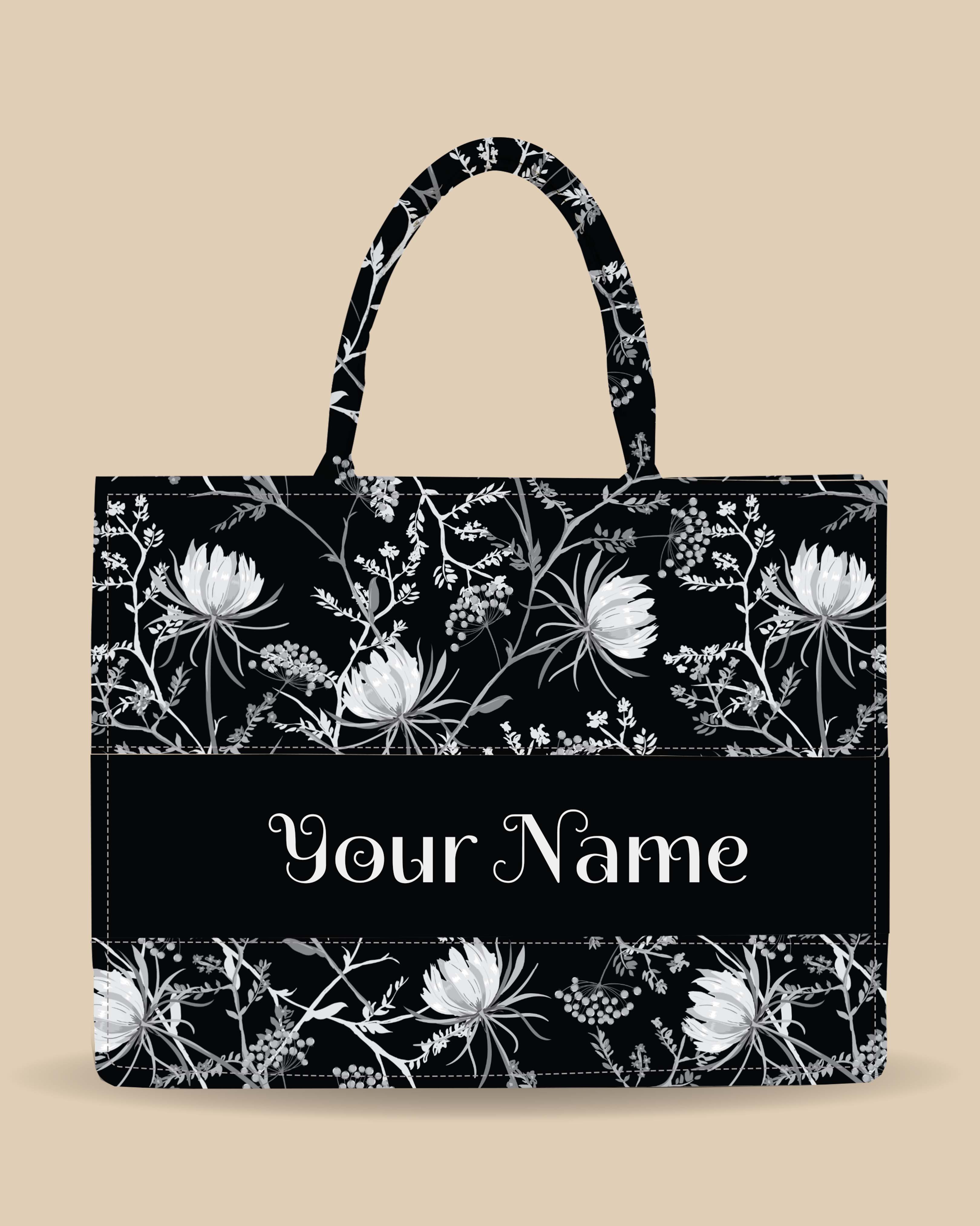 Customized Tote Bag Designed with Black And White Oriental Blooming Flowers