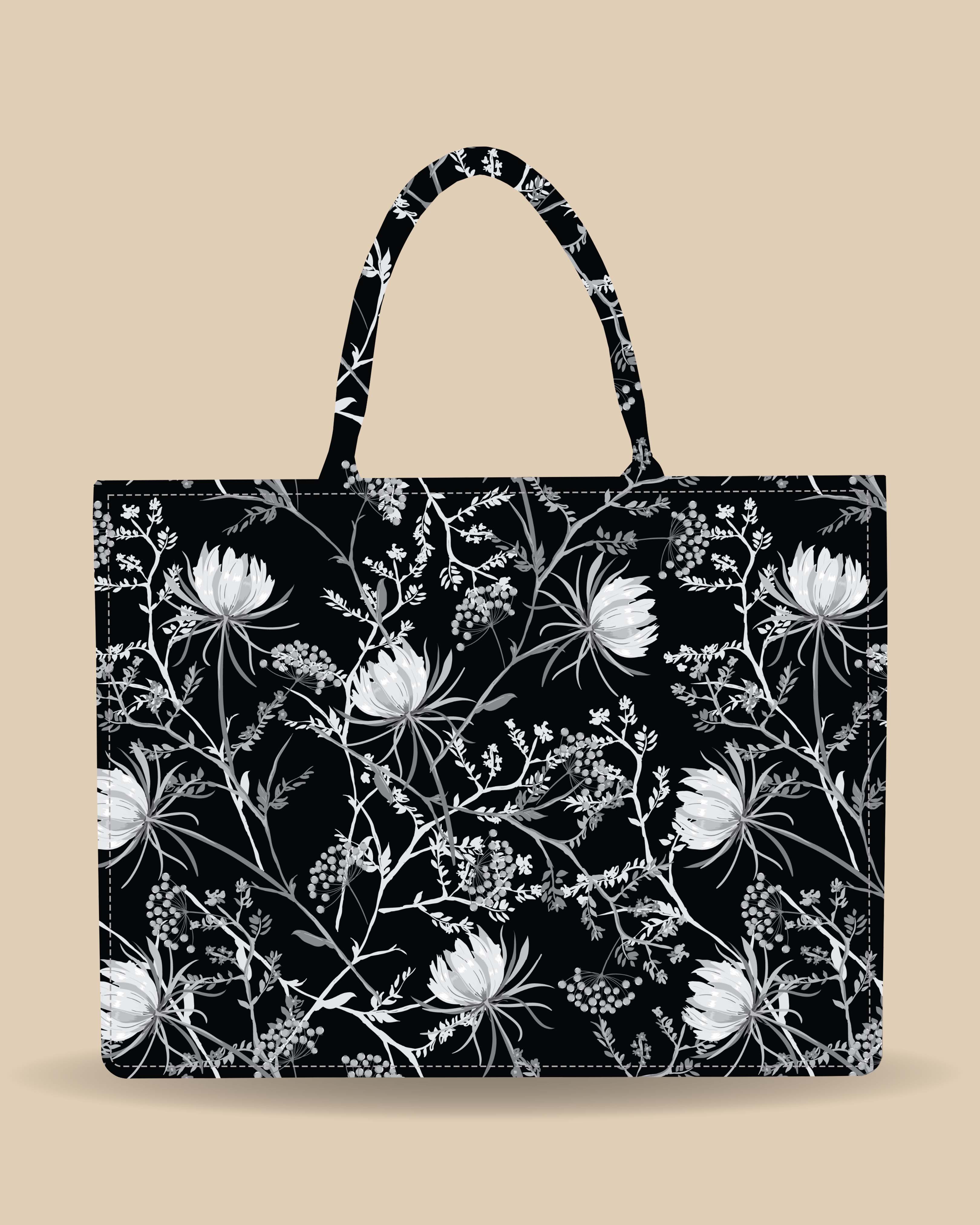 Customized Tote Bag Designed with Black And White Oriental Blooming Flowers