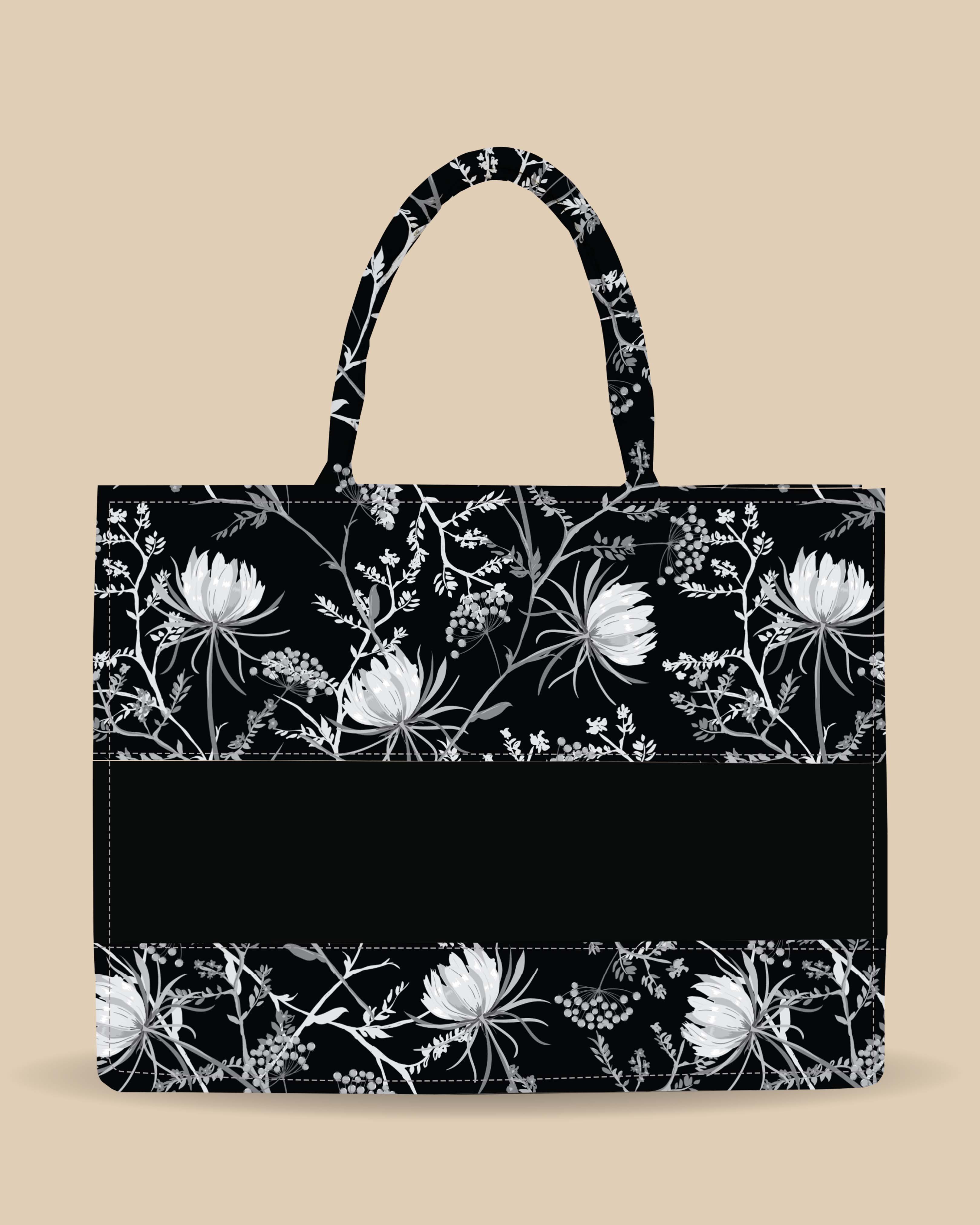 Customized Tote Bag Designed with Black And White Oriental Blooming Flowers