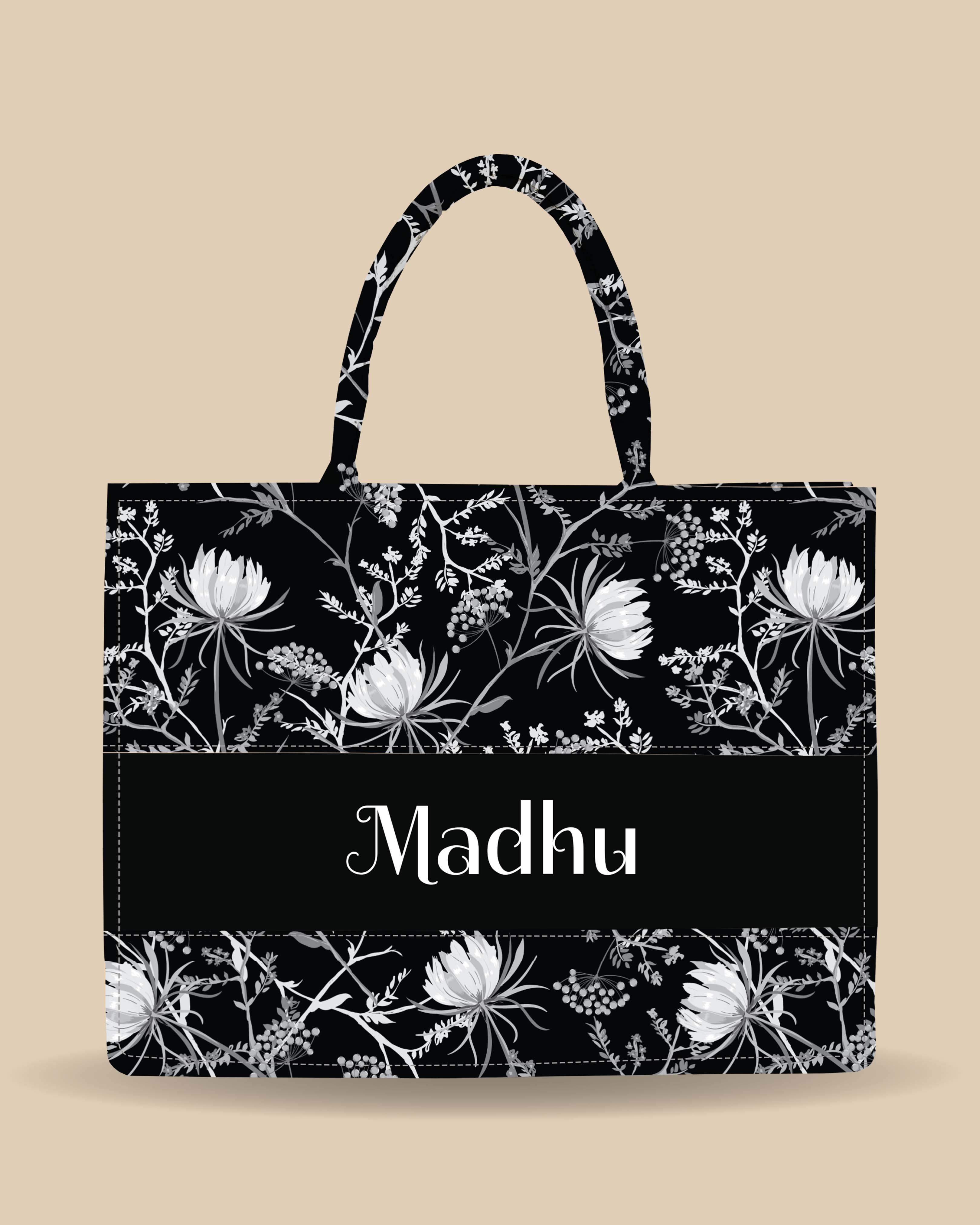 Customized Tote Bag Designed with Black And White Oriental Blooming Flowers