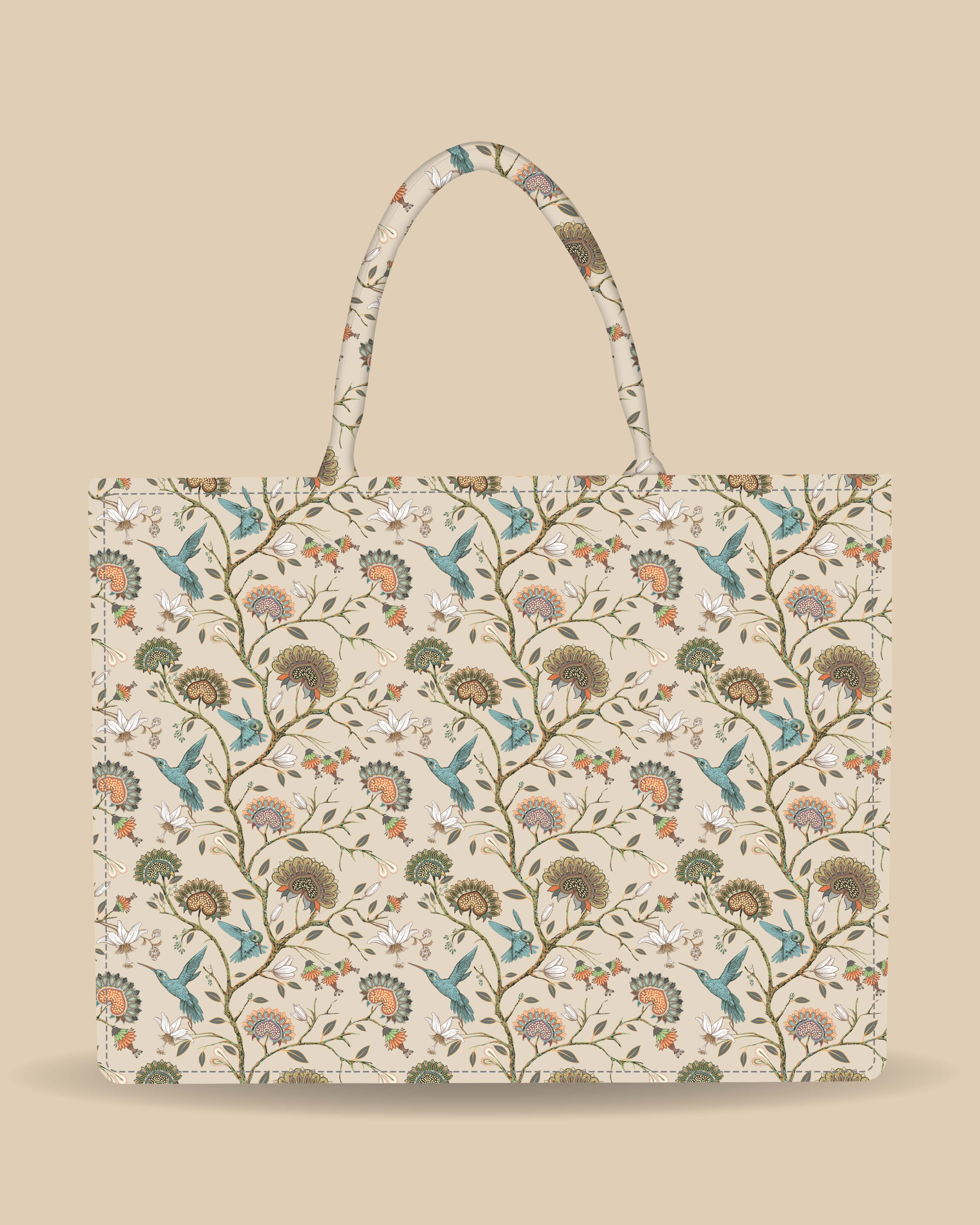Customized Tote Bag Designed with Humming Birds And Vintage Flower Plant
