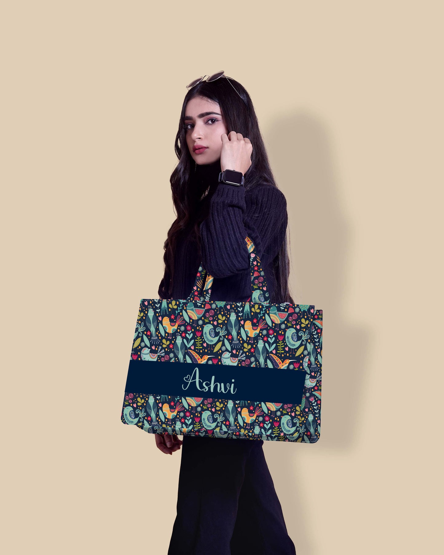 Personalized Tote Bag Designed With Sparrow, Parrot And Fishes