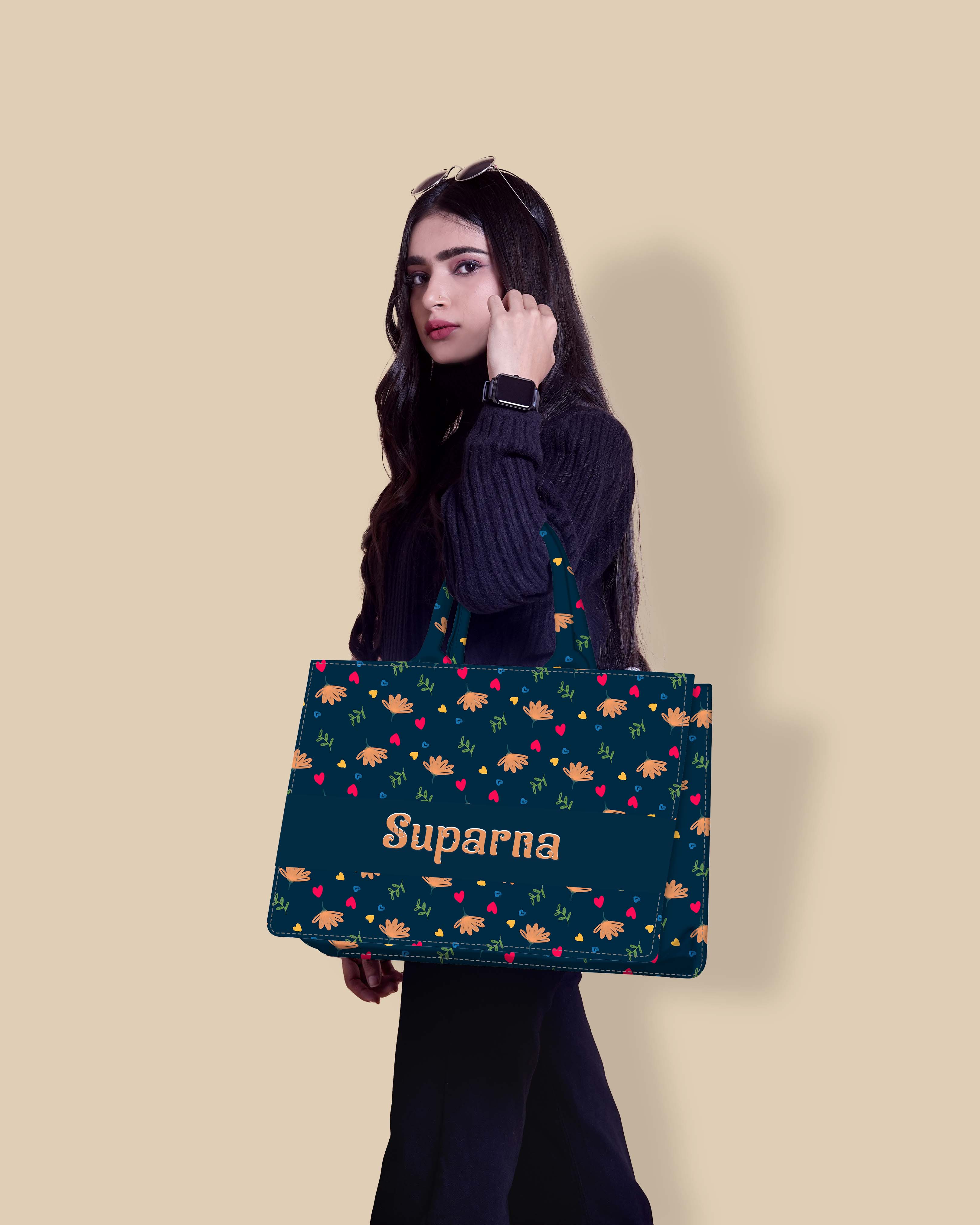 Customized Tote Bag Designed with Stylish Flowers, Leaves And Beautiful Leaves