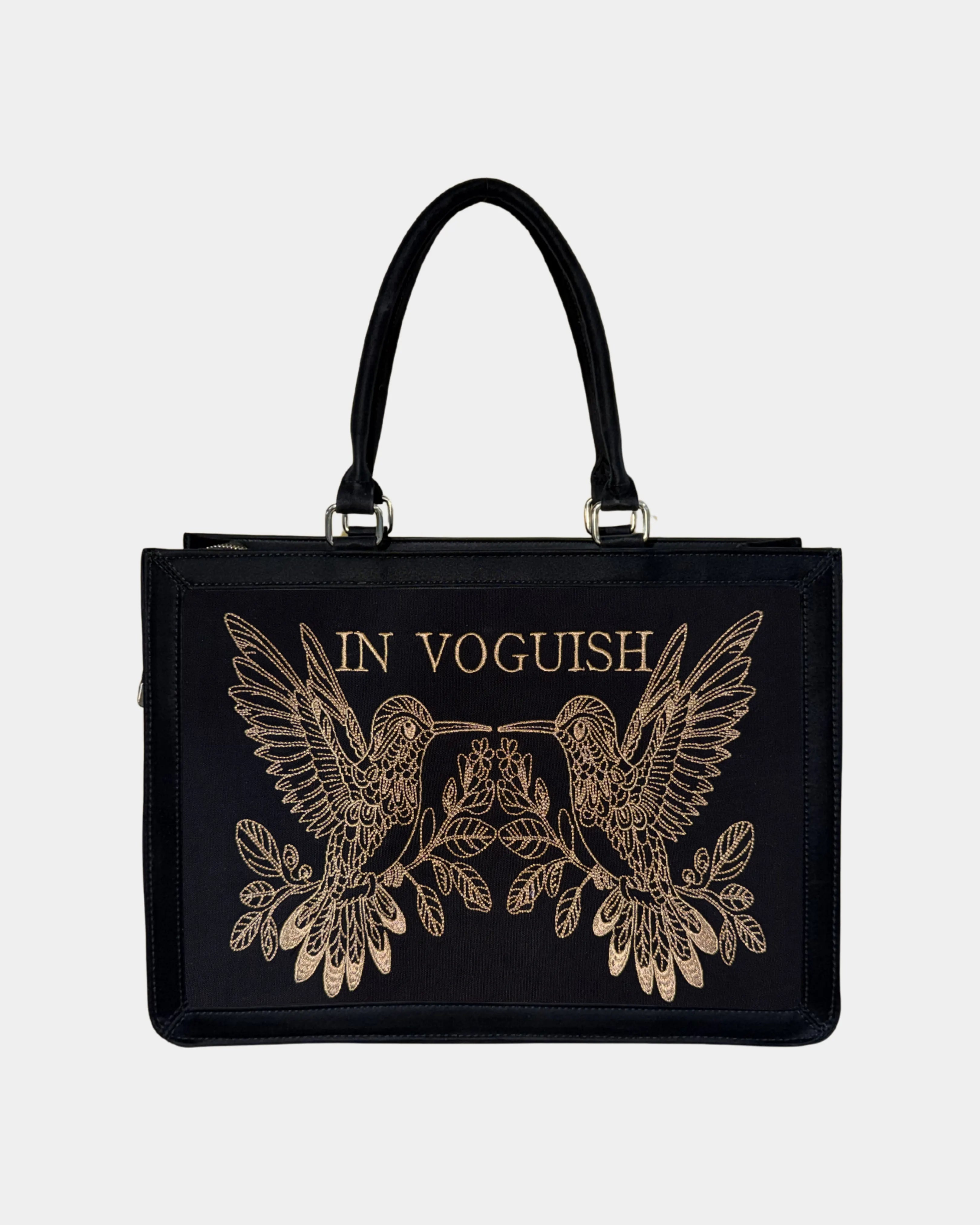 Midnight Hummingbird Personalized Embroidered Tote Bag β Suede Feel Finish with Premium Golden Thread Work