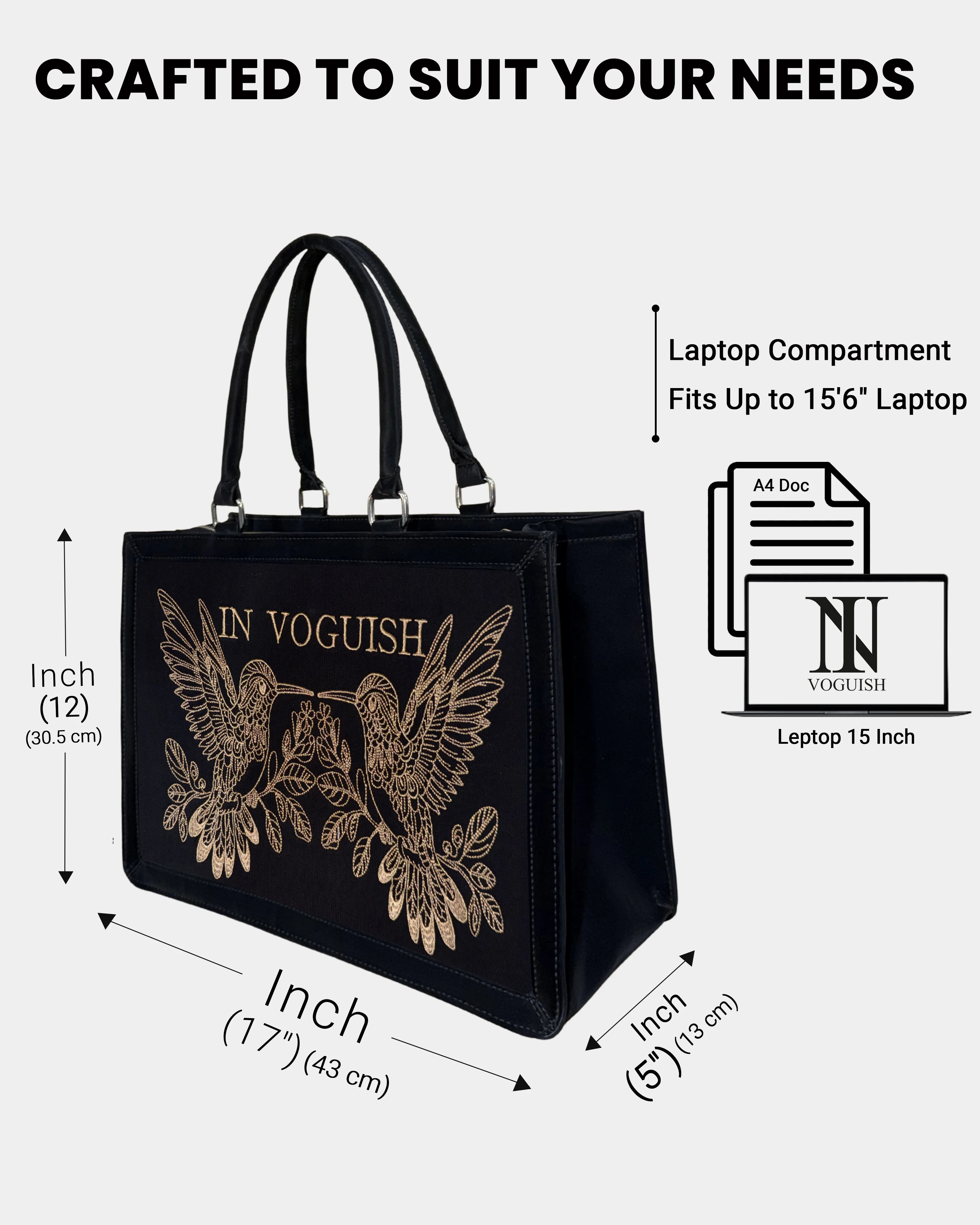 Midnight Hummingbird Personalized Embroidered Tote Bag β Suede Feel Finish with Premium Golden Thread Work