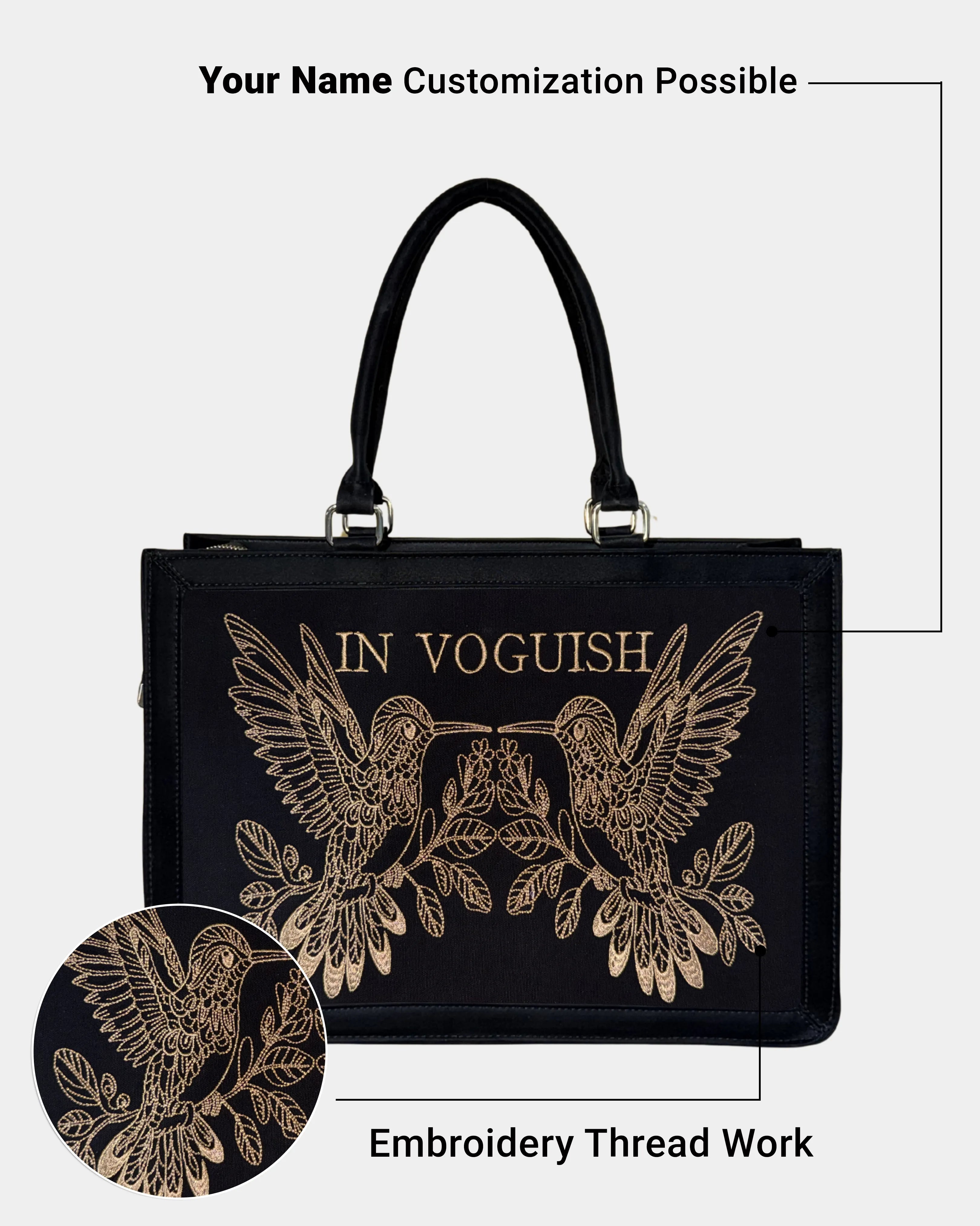 Midnight Hummingbird Personalized Embroidered Tote Bag β Suede Feel Finish with Premium Golden Thread Work