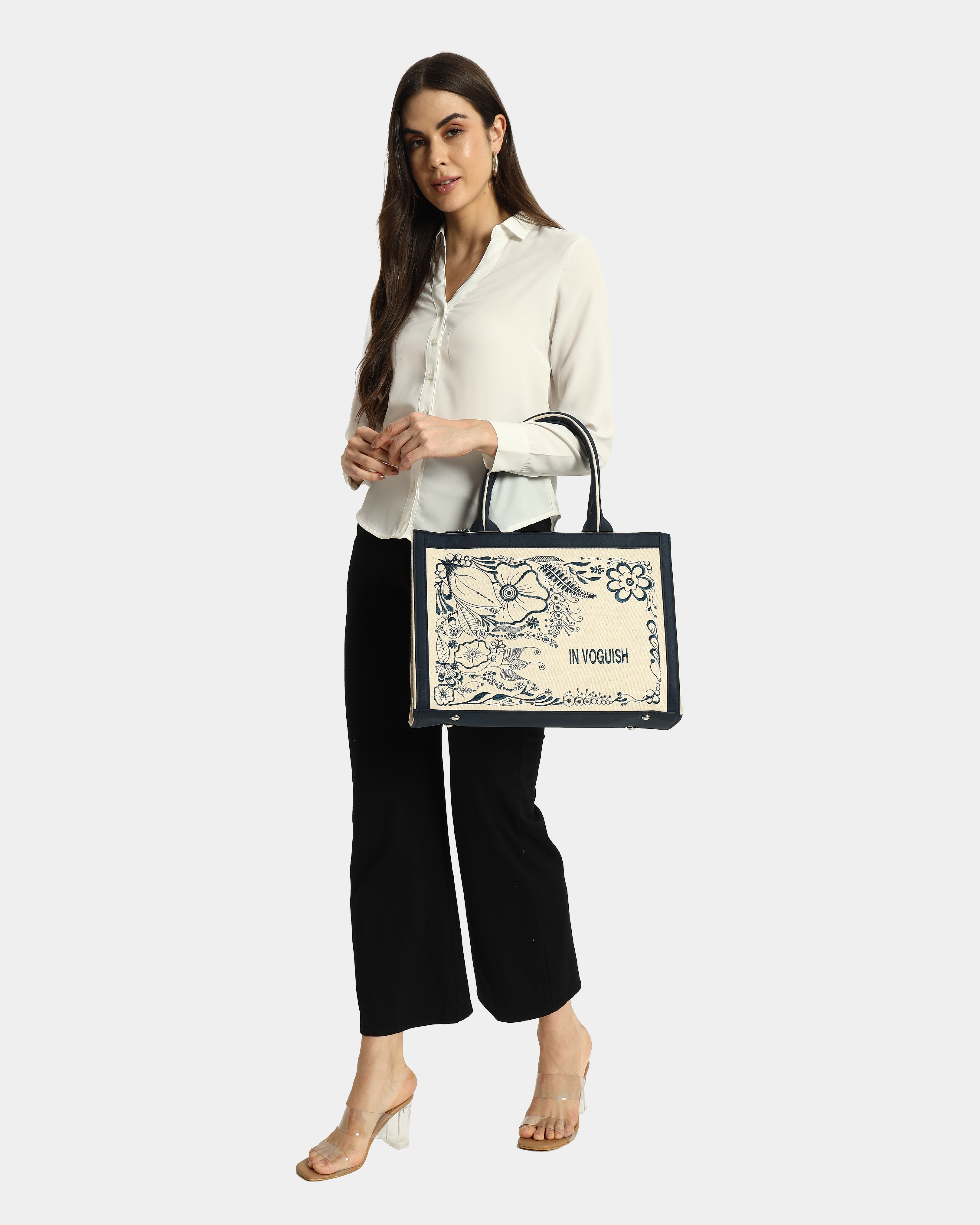 Customized Canvas Denim Embroidered doodle and Zentangle art Designer Tote Bag