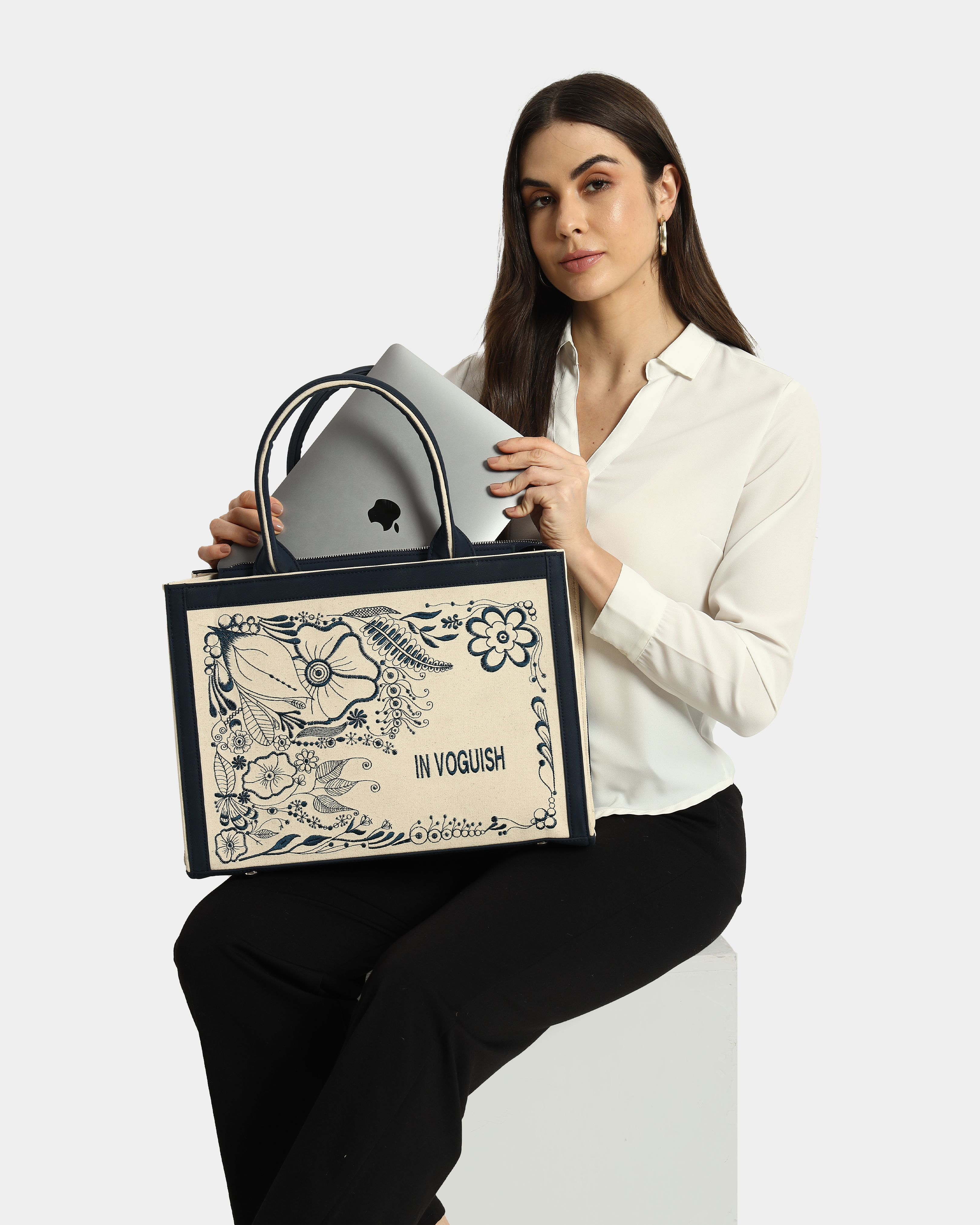 Customized Canvas Denim Embroidered doodle and Zentangle art Designer Tote Bag