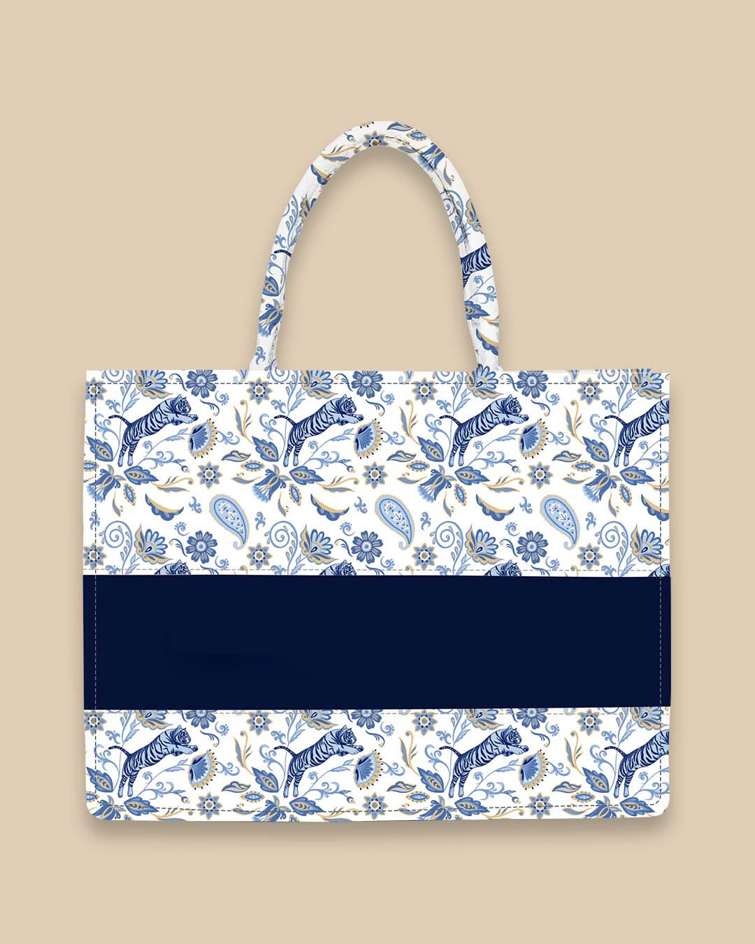 Customized Tote Bag Designed with blue Nordic tigers and abstract Asian flowers