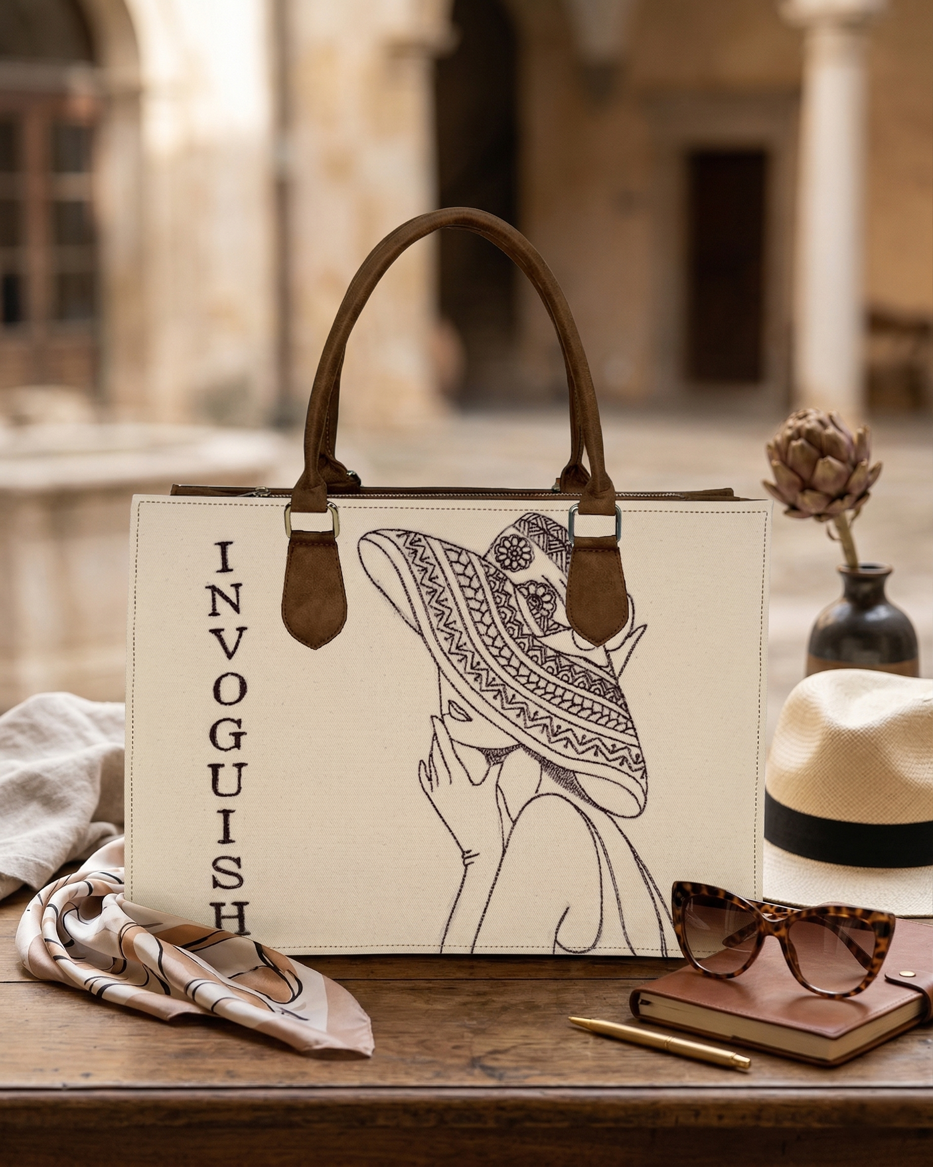 Customized Hat Girl Sketch Tote Bag – Brown Suede Edition