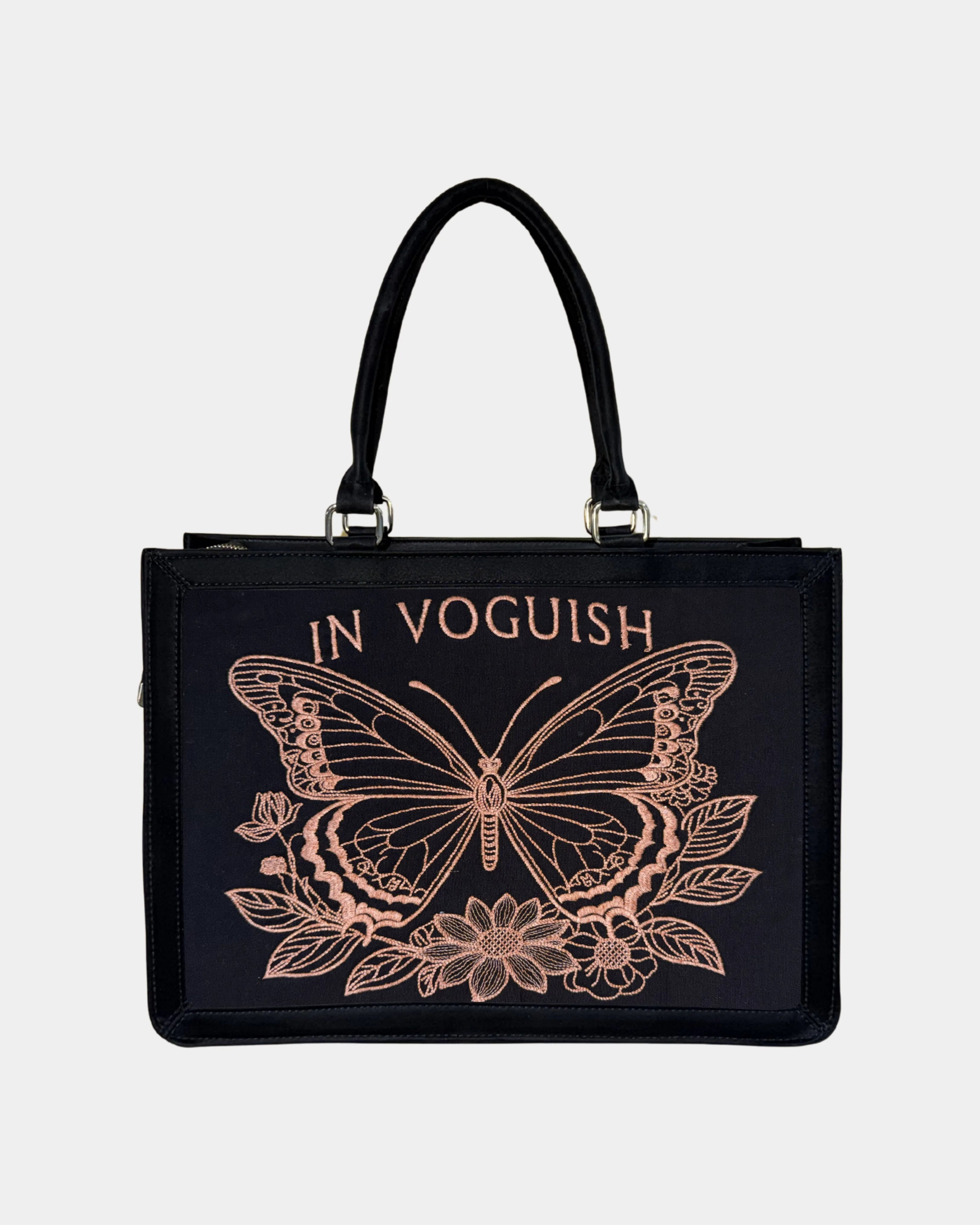 Midnight Butterfly Personalized Embroidered Tote Bag – Suede Feel Finish with Orange Thread Detailing