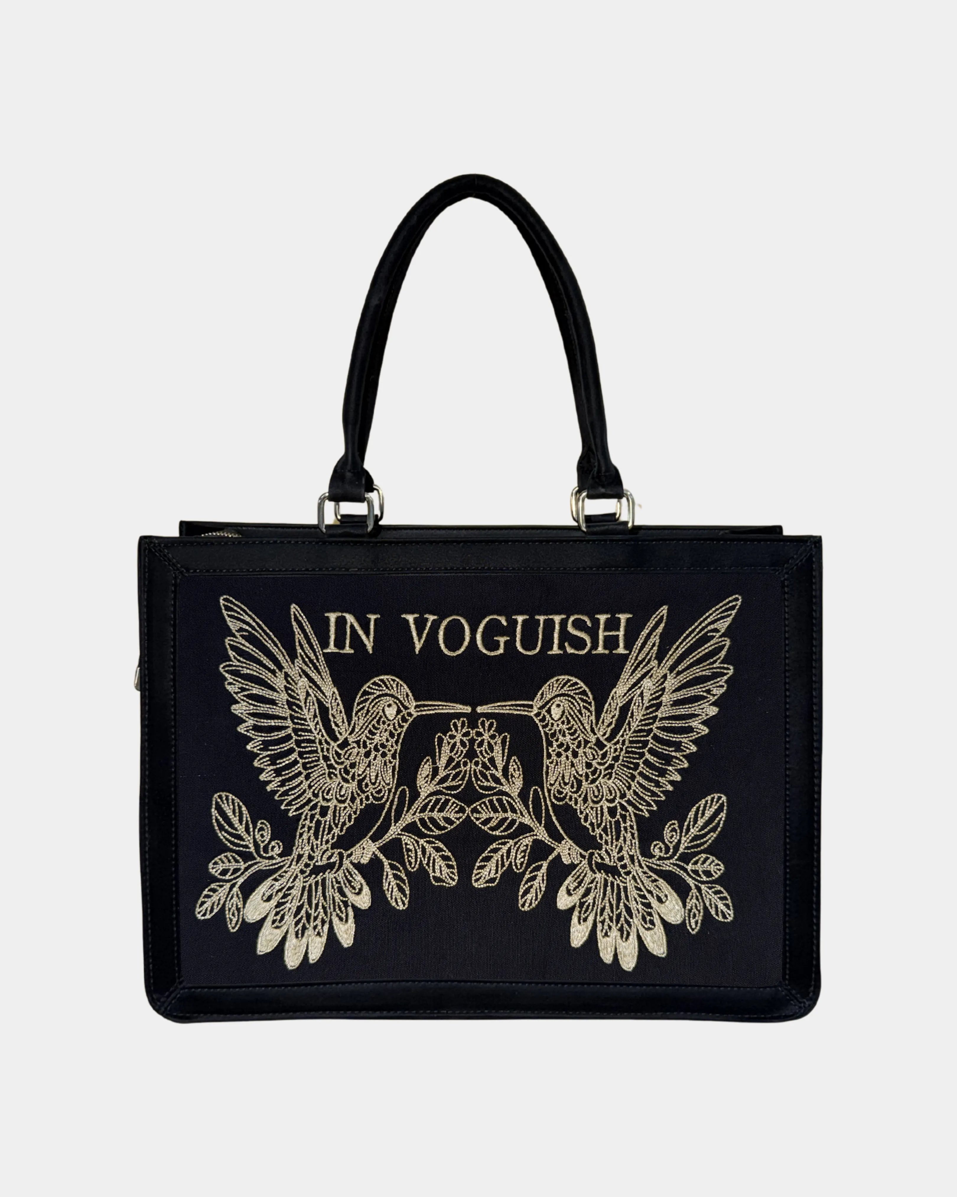 Midnight Hummingbird Personalized Embroidered Tote Bag – Suede Feel Finish with Premium Light Beige Thread Work