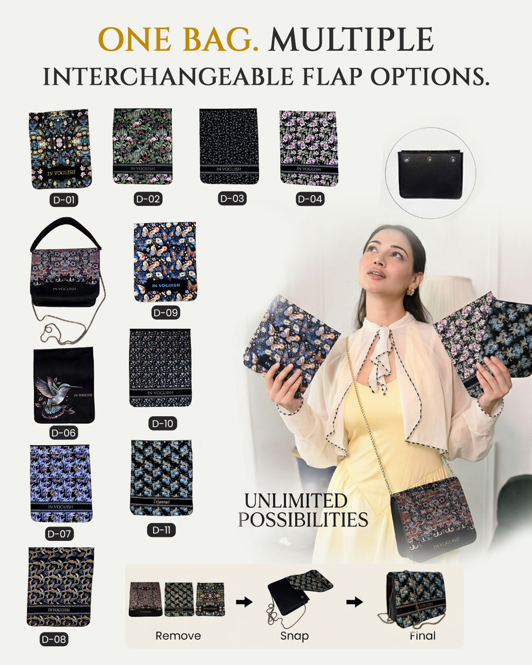 Premium Edition | IN VOGUISH SwitchStyle Customized Sling Bag β Interchangeable Flap | Z Black 3D Embossed Design