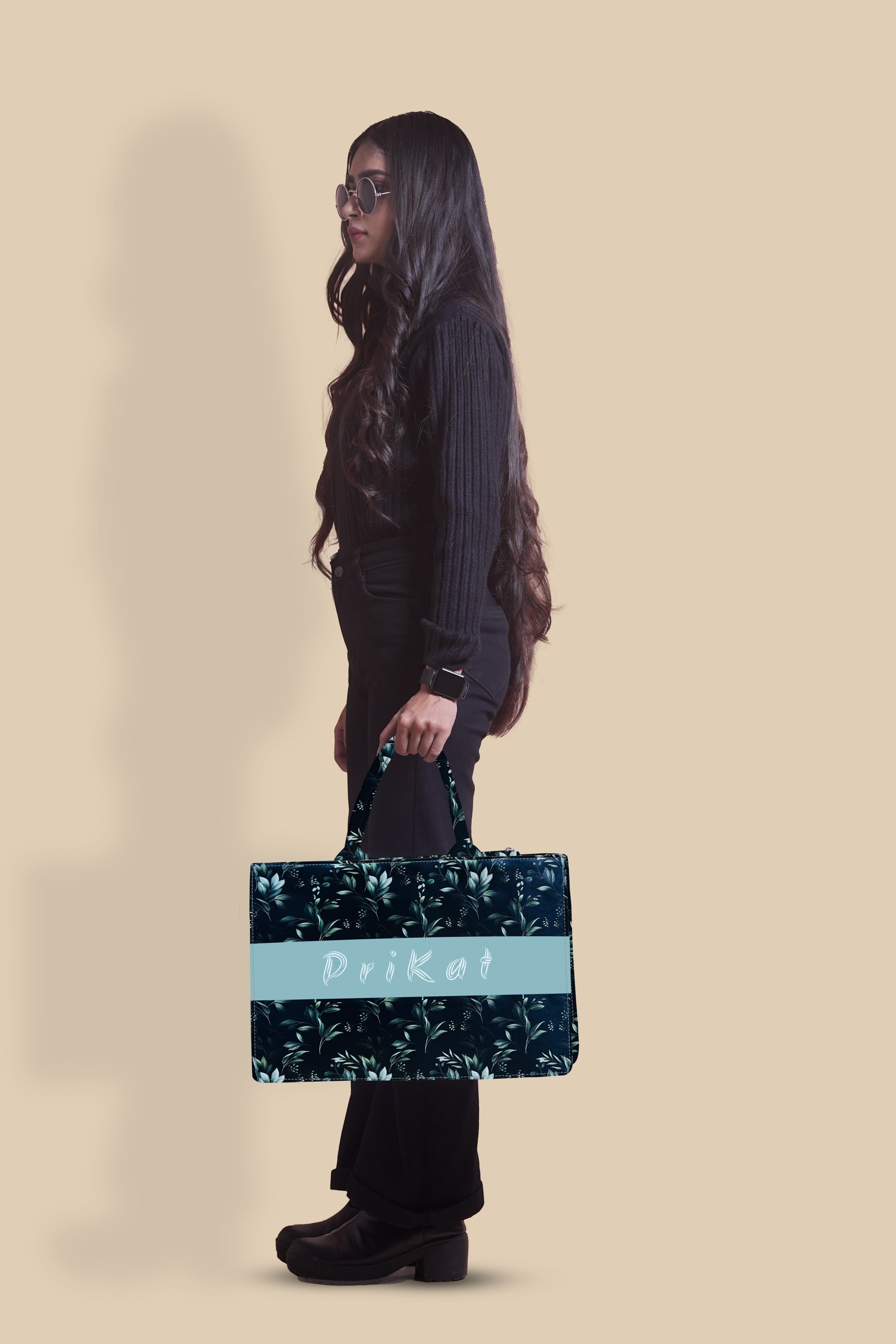 Customized Tote Bag Designed with Black Boho Leaf