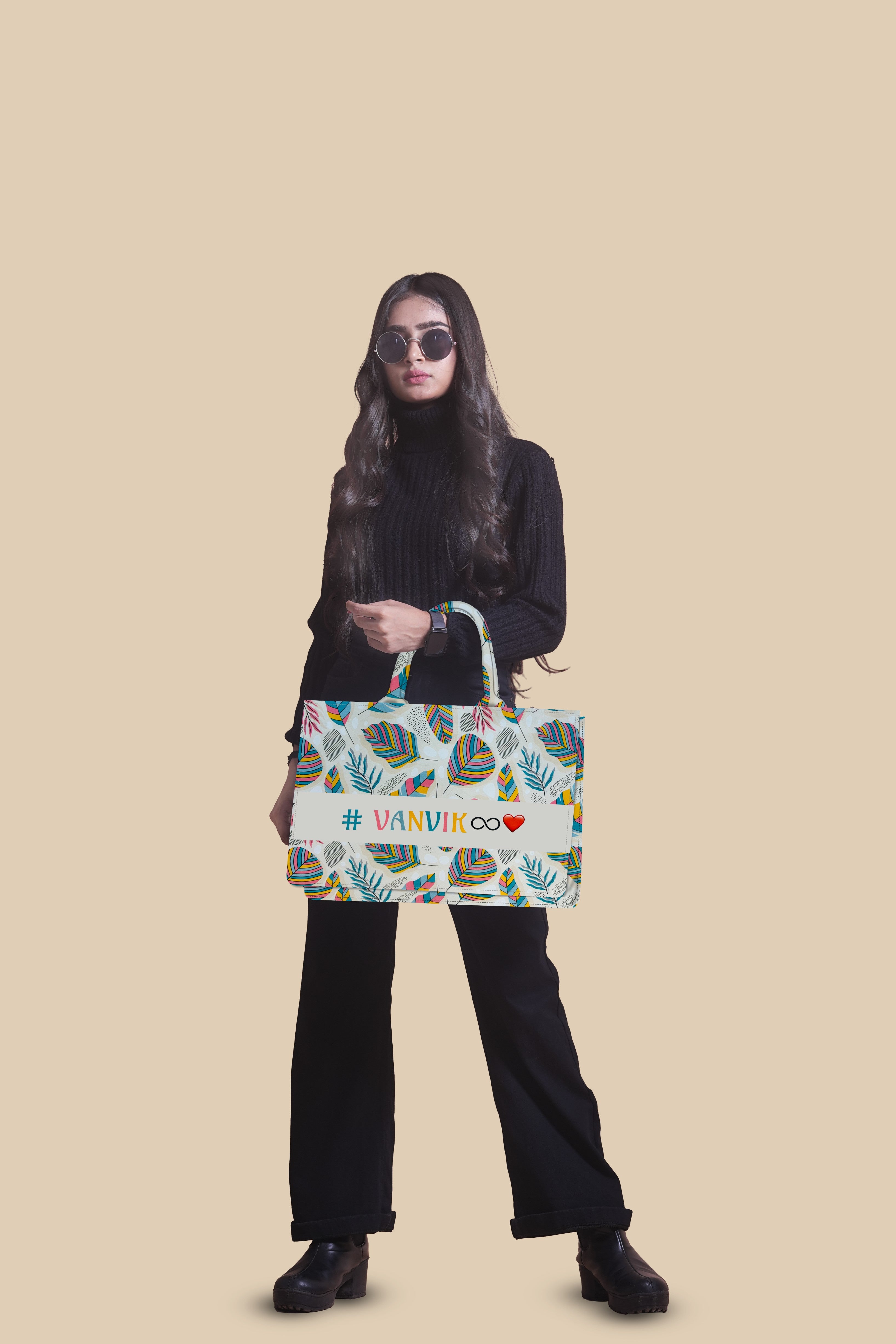 Customized Tote Bag Designed With Sand ,Stones And Colorful Leaves