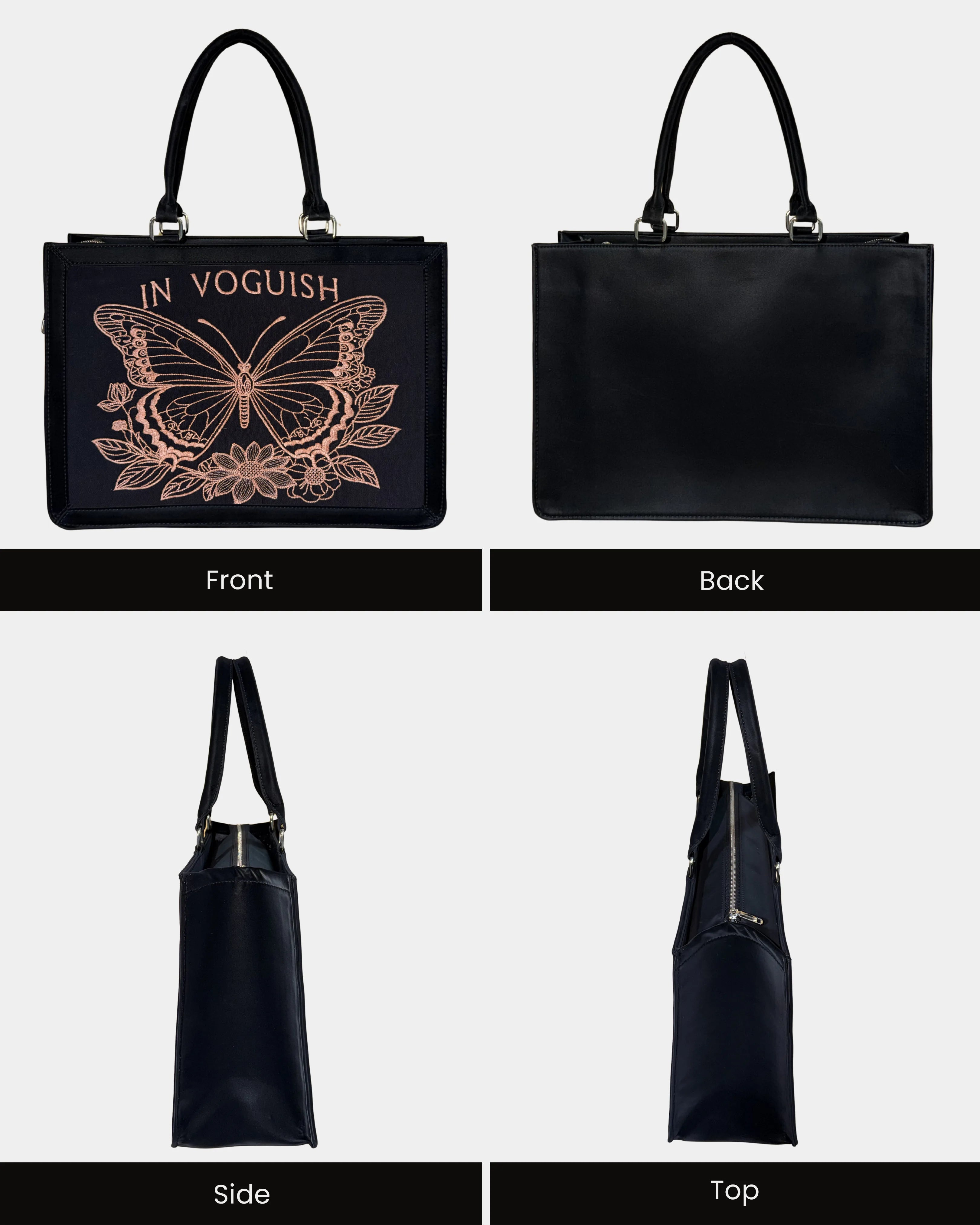 Midnight Butterfly Personalized Embroidered Tote Bag – Suede Feel Finish with Orange Thread Detailing