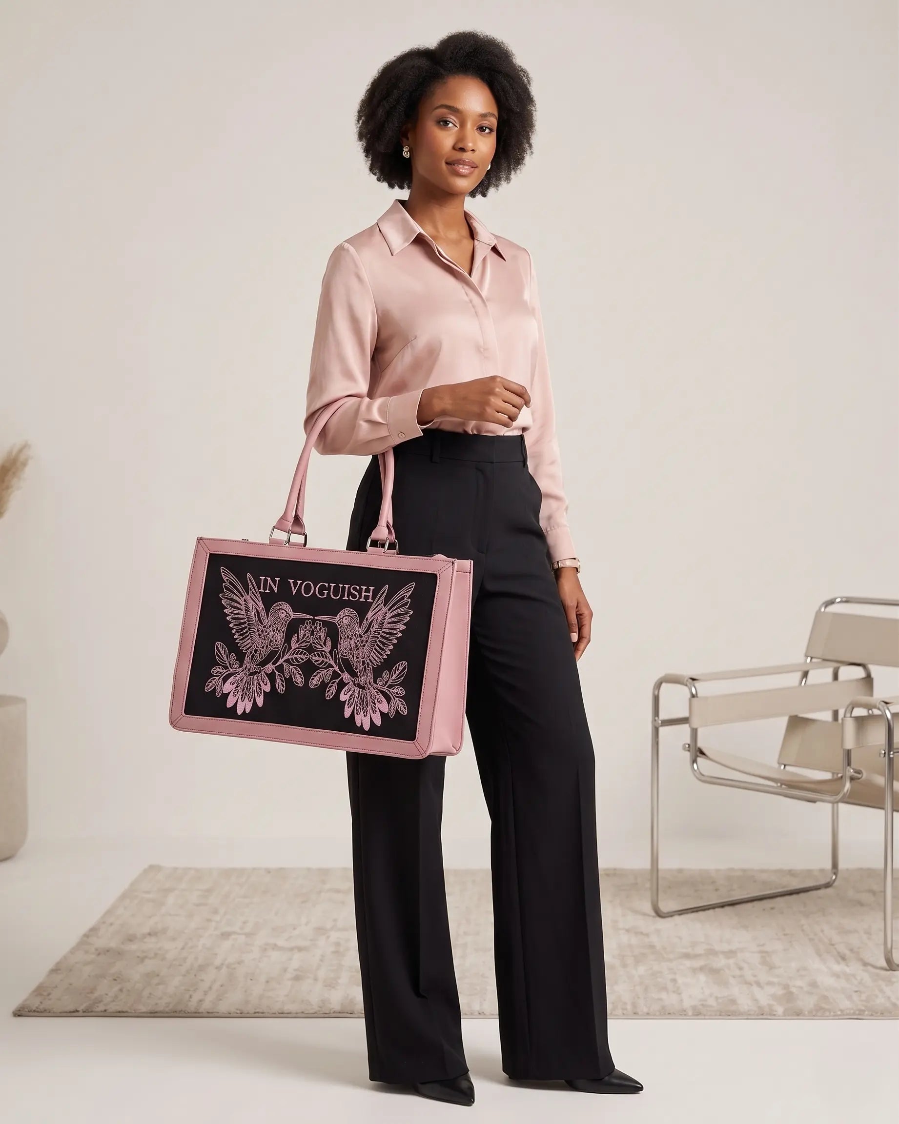 Luxury Pink & Black Hummingbird Customized Embroidered Tote Bag