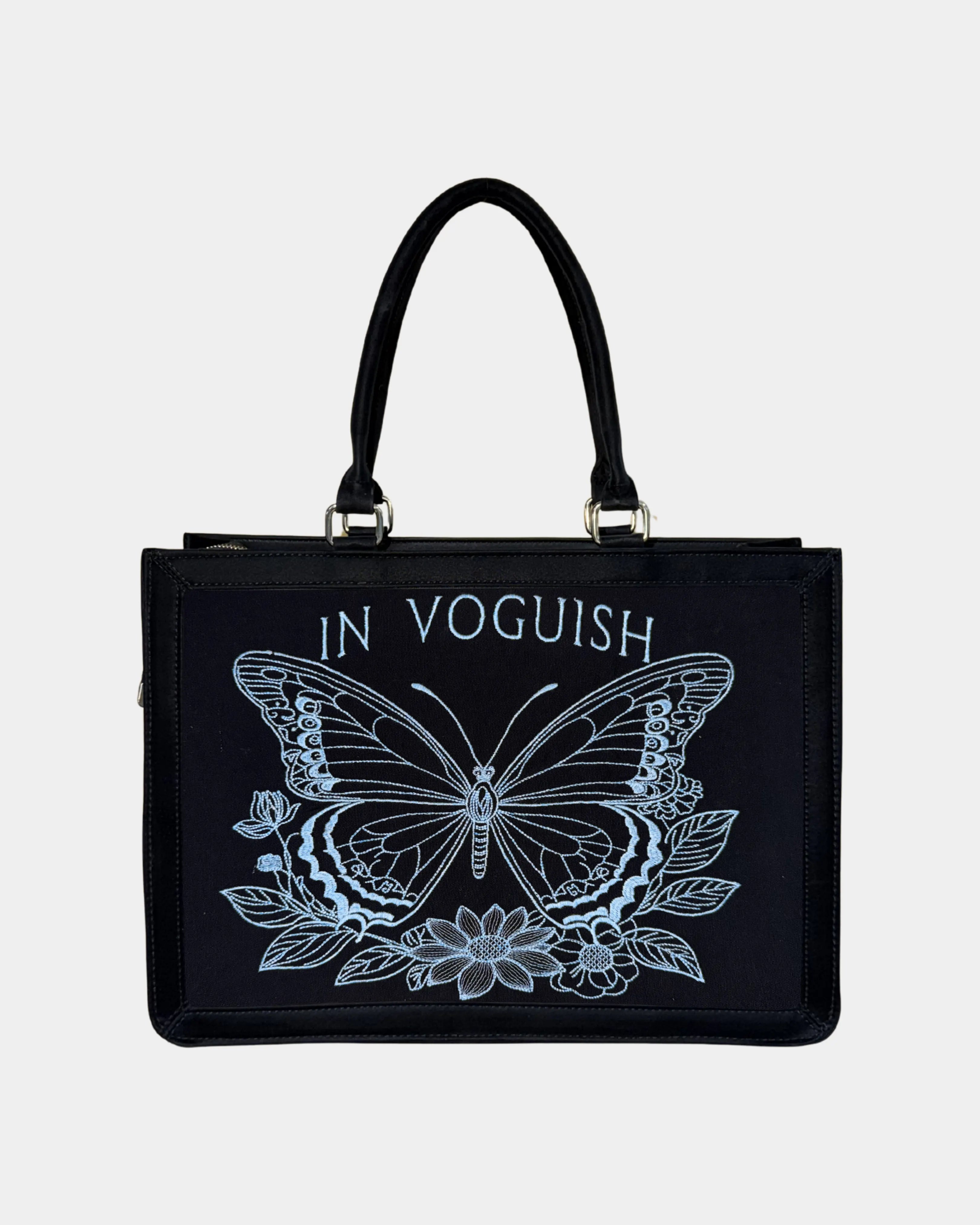 Midnight Butterfly Personalized Embroidered Tote Bag with Suede Feel & Premium Sky Blue Thread Embroidery